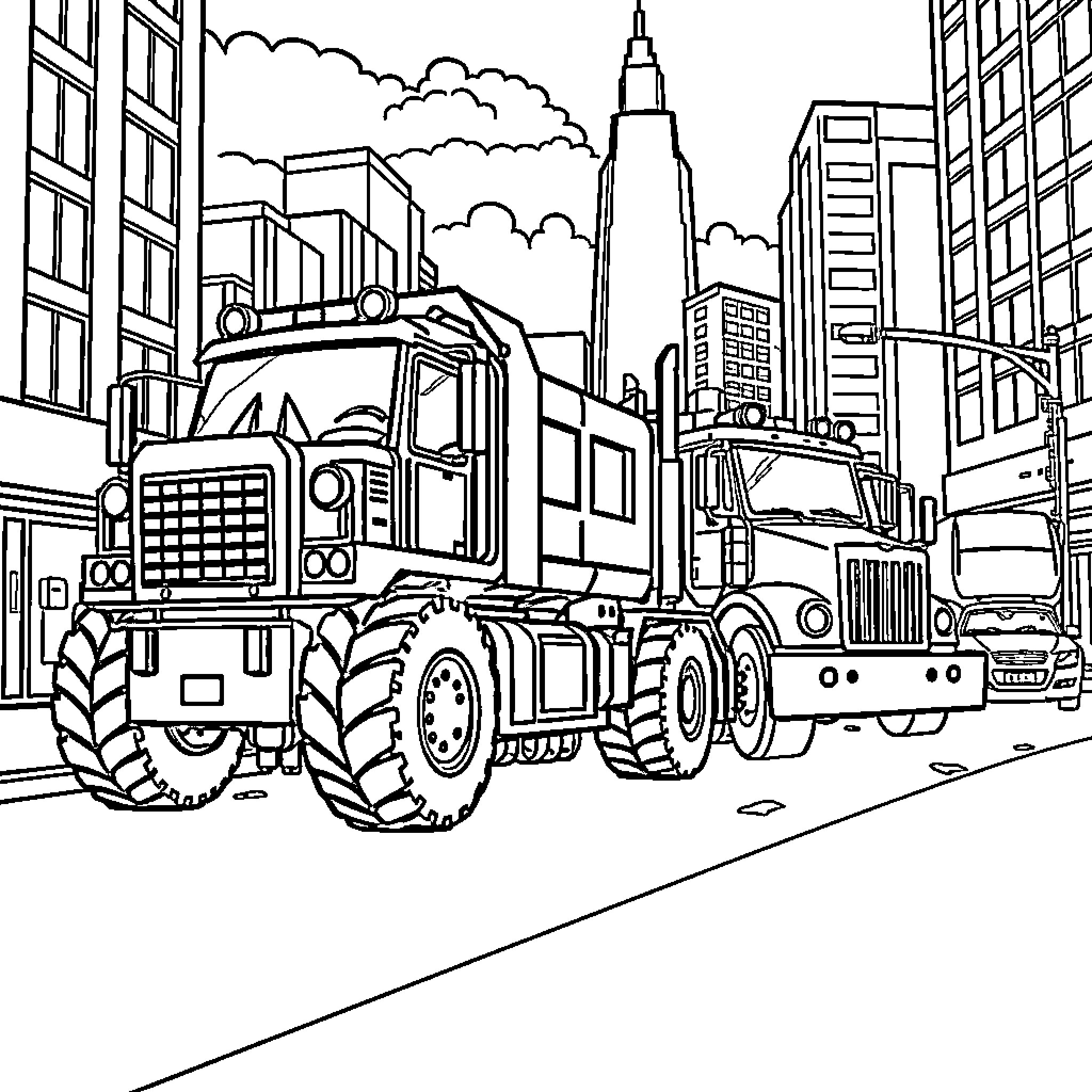 Vehicle Transporting Goods in Urban City Landscape Coloring Page (free black-and-white line drawing printable PDF for all, from beginners to advanced learners, including children, teens, adults, and seniors)