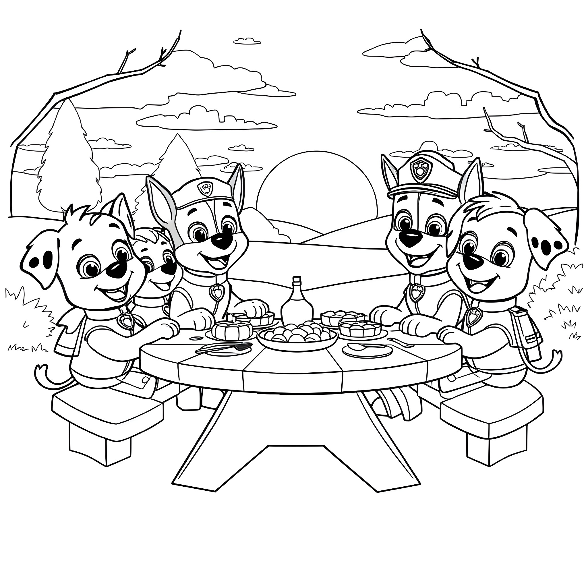 Paw Patrol Pups Enjoying a Picnic Adventure Coloring Page (free black-and-white line drawing printable PDF for all, from beginners to advanced learners, including children, teens, adults, and seniors)