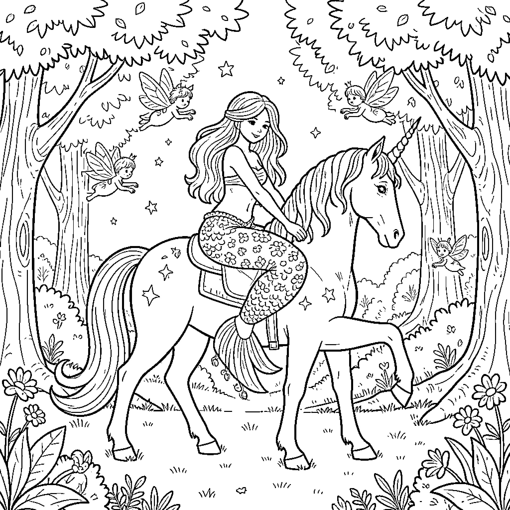 Mermaid riding a unicorn through a magical forest Coloring Page (free black-and-white line drawing printable PDF for all, from beginners to advanced learners, including children, teens, adults, and seniors)