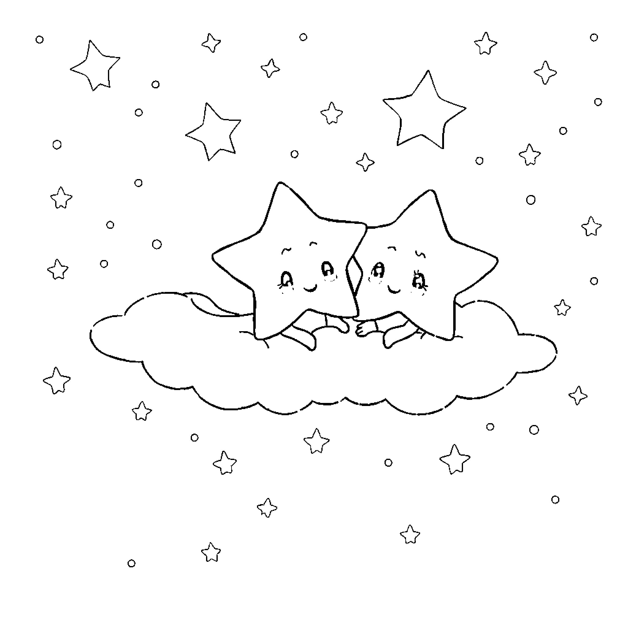 Twin Stars dancing joyfully in the starry night Coloring Page (free black-and-white line drawing printable PDF for all, from beginners to advanced learners, including children, teens, adults, and seniors)