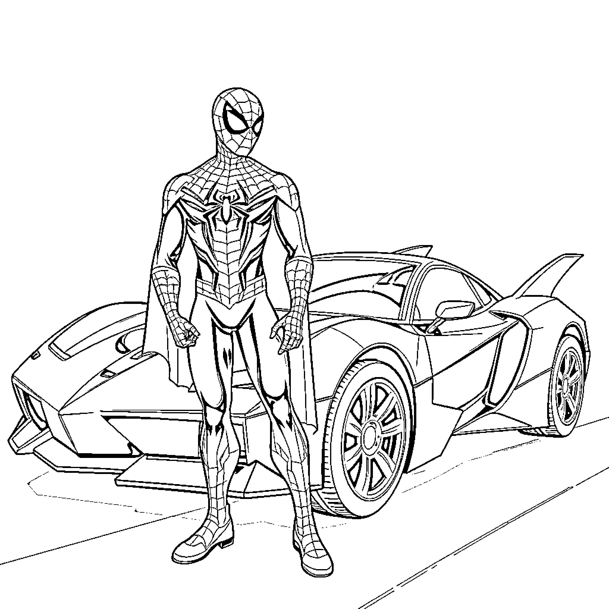 Barman standing heroically beside a sports car Coloring Page (free black-and-white line drawing printable PDF for all, from beginners to advanced learners, including children, teens, adults, and seniors)