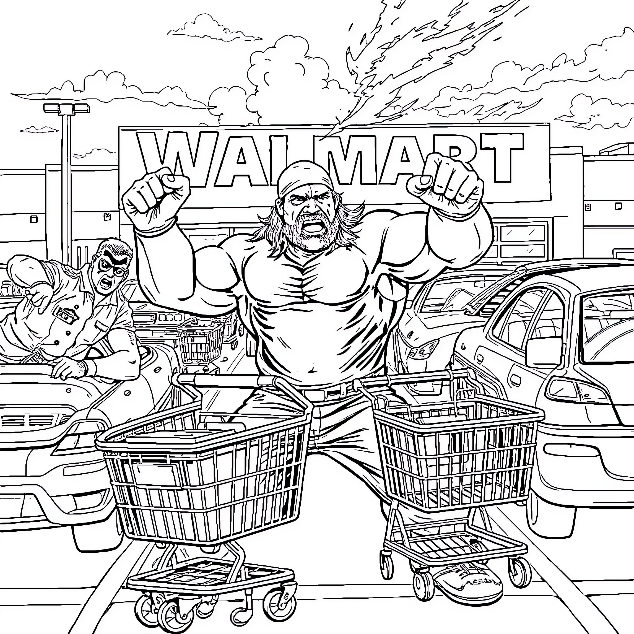 Hulk Hogan wrecking havoc in a Walmart parking lot Coloring Page (free black-and-white line drawing printable PDF for all, from beginners to advanced learners, including children, teens, adults, and seniors)