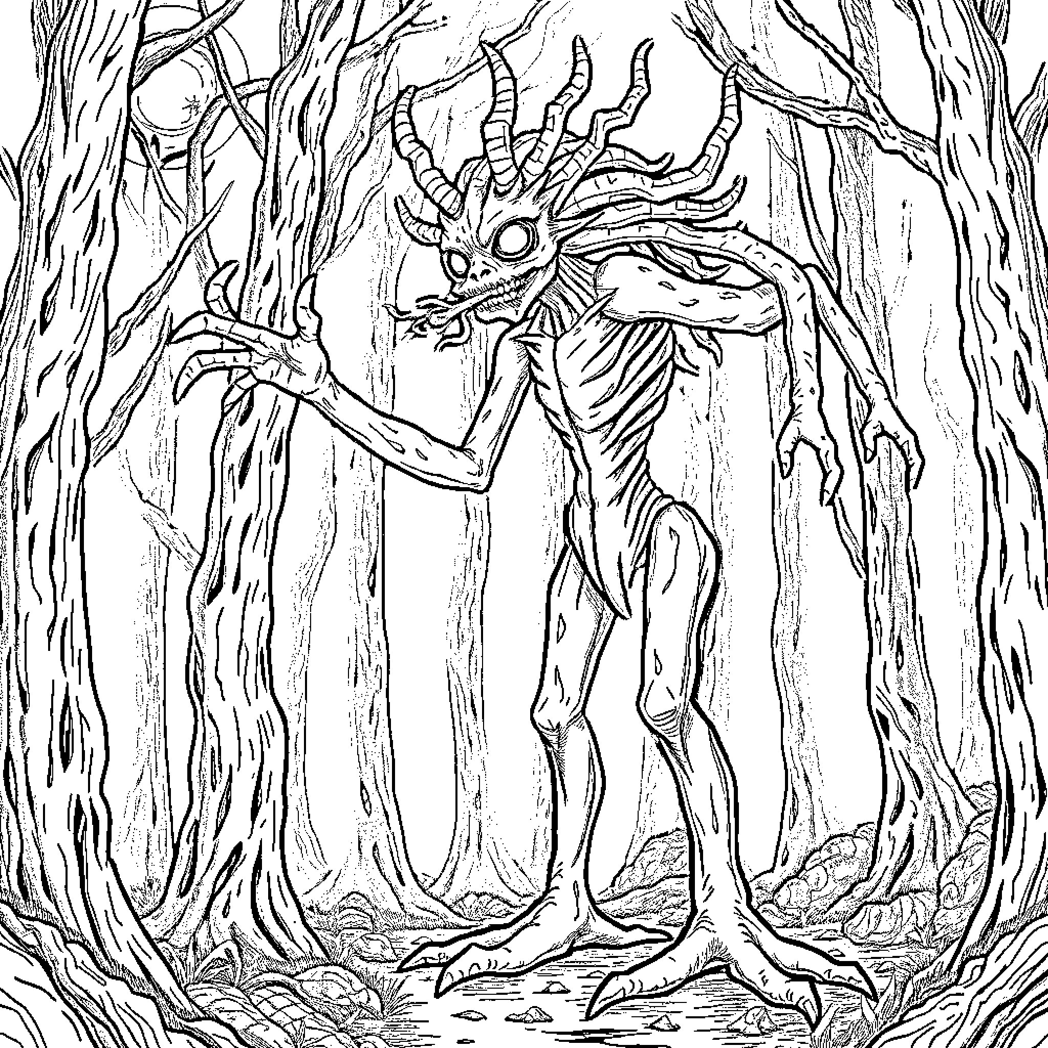 Siren Head creature emerging from the eerie forest Coloring Page (free black-and-white line drawing printable PDF for all, from beginners to advanced learners, including children, teens, adults, and seniors)