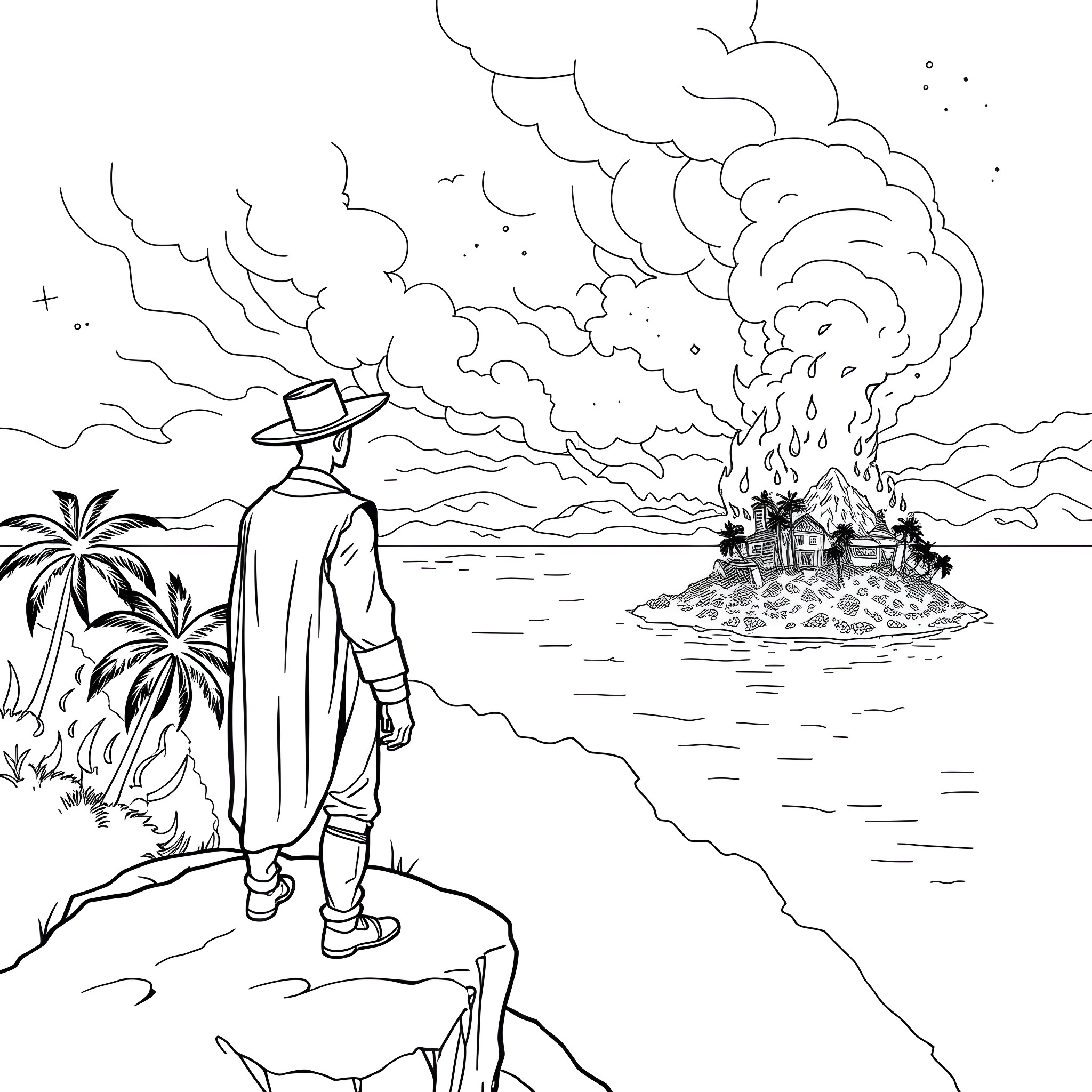 Mayor surveys the burning town from afar Coloring Page (free black-and-white line drawing printable PDF for all, from beginners to advanced learners, including children, teens, adults, and seniors)
