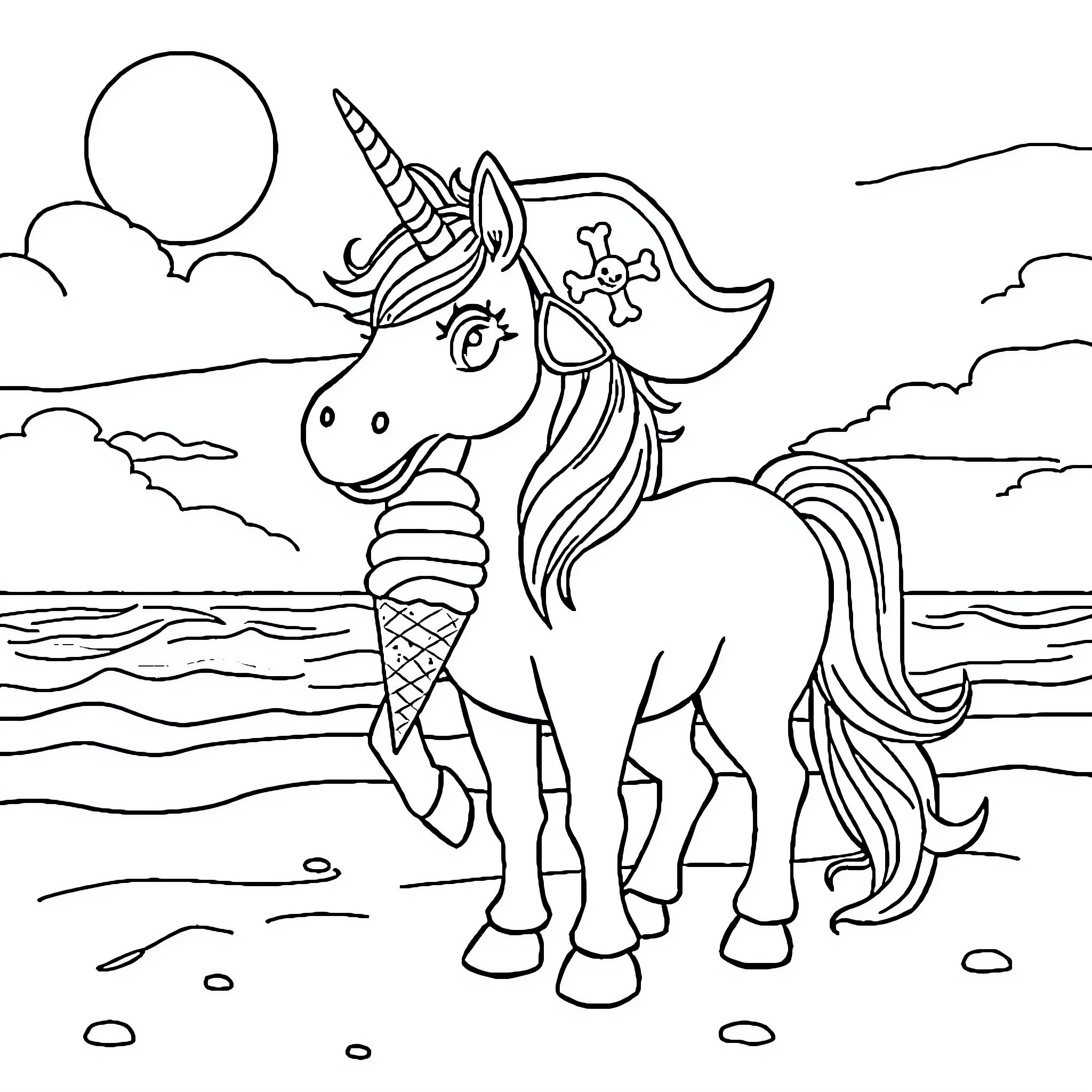 Pirate Unicorn enjoying a seaside adventure Coloring Page (free black-and-white line drawing printable PDF for all, from beginners to advanced learners, including children, teens, adults, and seniors)