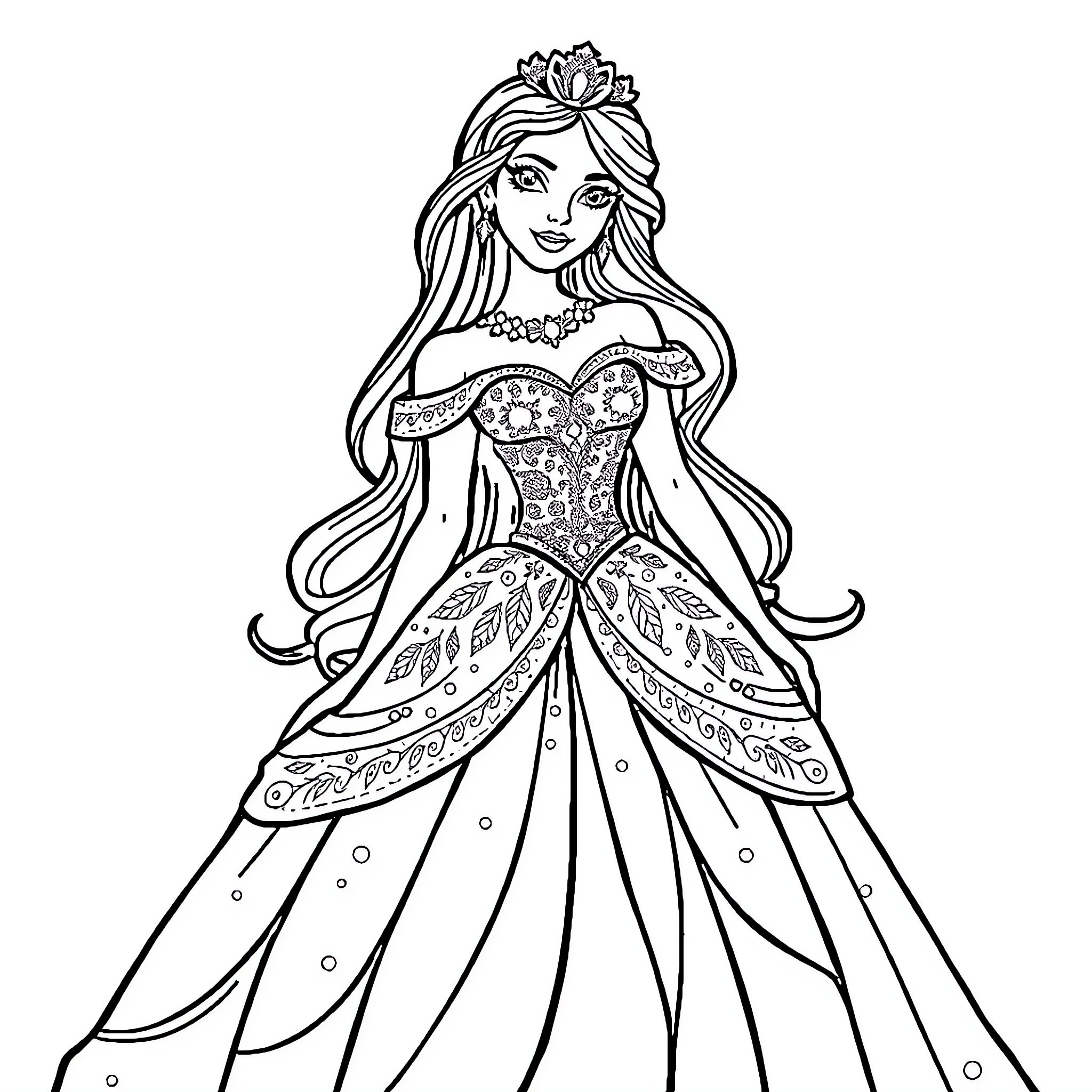 Princess in Elegant Gown with Intricate Pattern Coloring Page (free black-and-white line drawing printable PDF for all, from beginners to advanced learners, including children, teens, adults, and seniors)