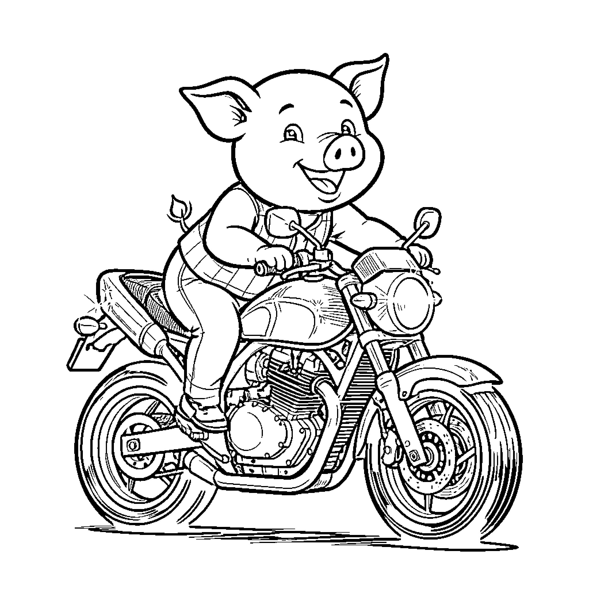 Pig riding a motorcycle with excitement Coloring Page (free black-and-white line drawing printable PDF for all, from beginners to advanced learners, including children, teens, adults, and seniors)