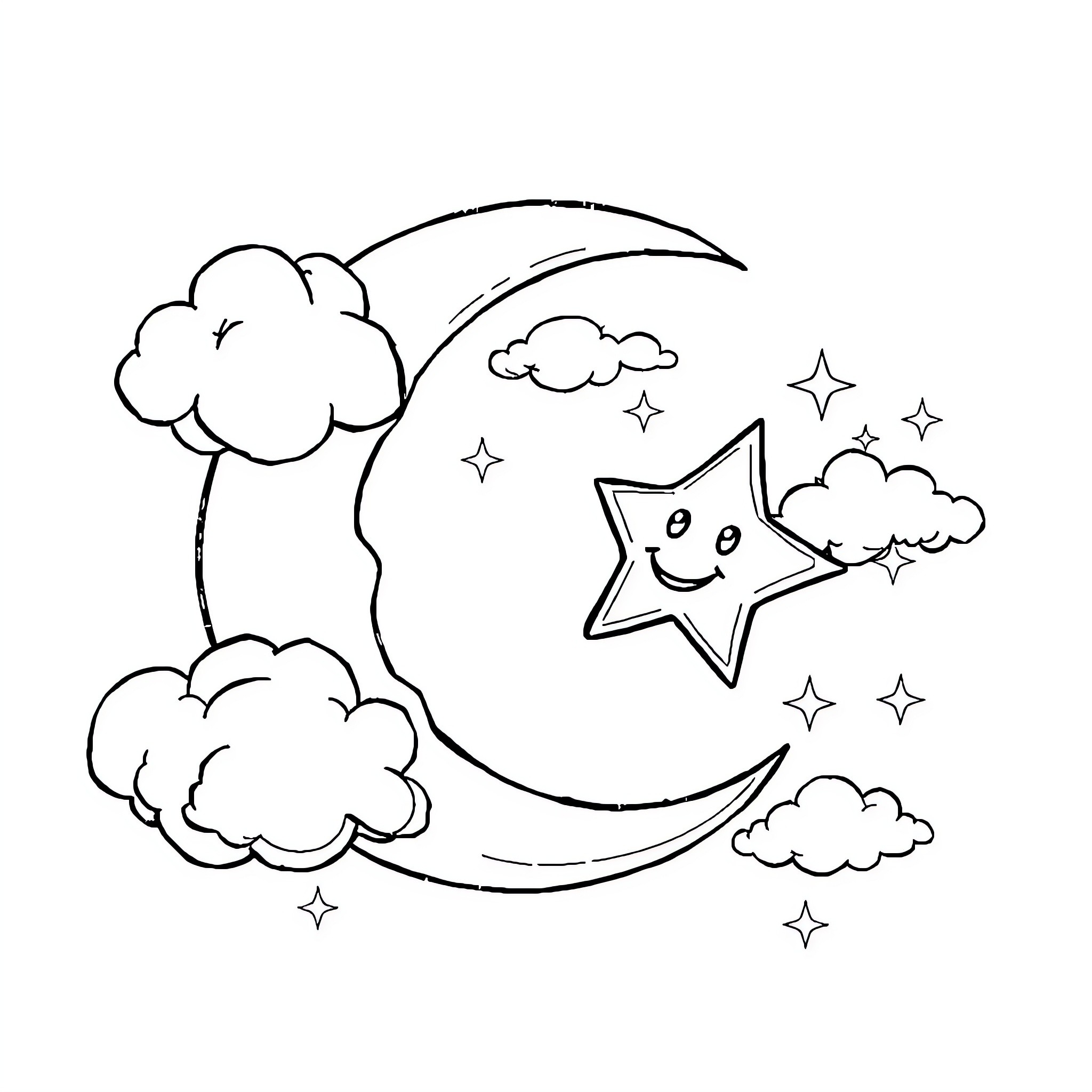 Crescent Moon and Smiling Star in Starry Night Coloring Page (free black-and-white line drawing printable PDF for all, from beginners to advanced learners, including children, teens, adults, and seniors)