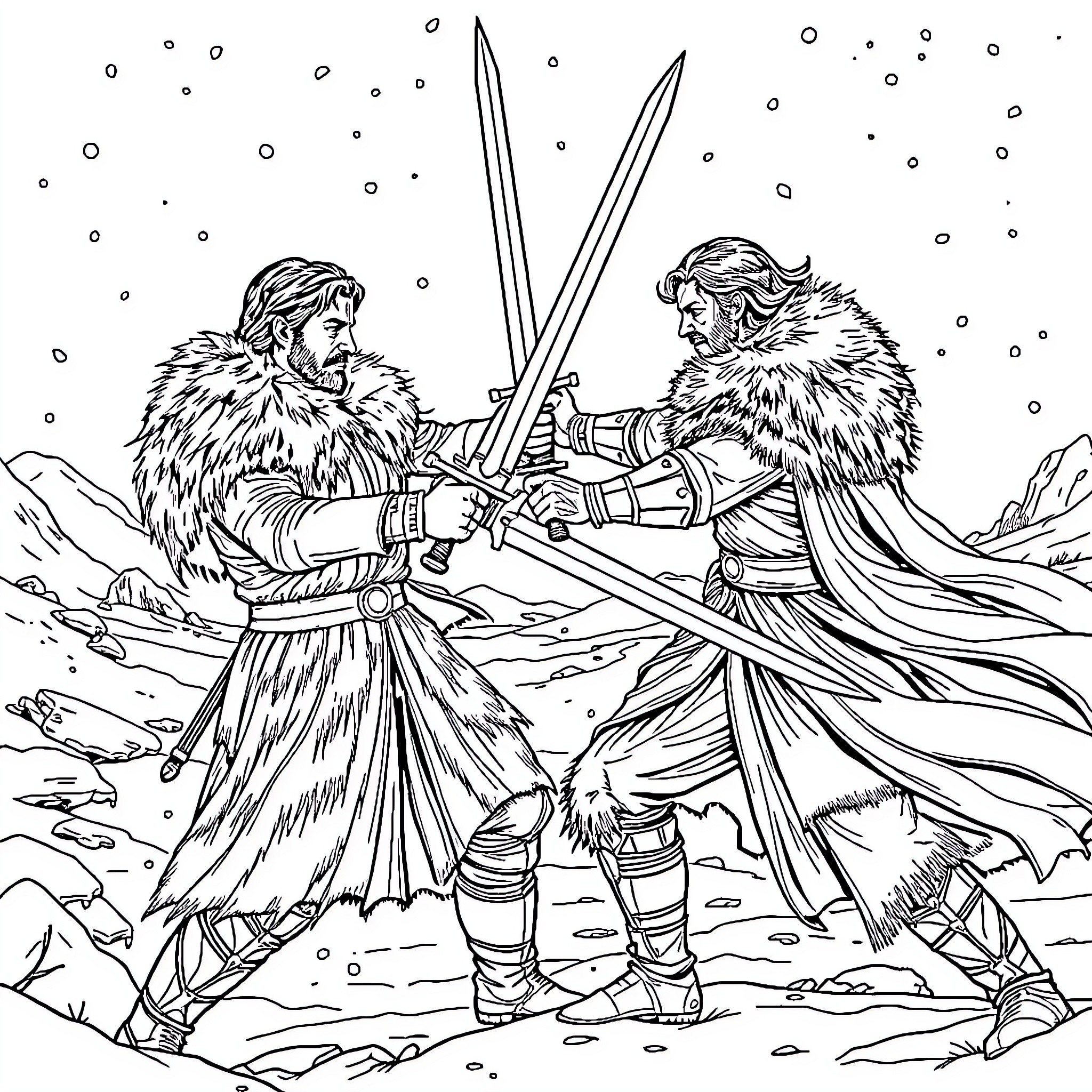 Jon Snow fighting against the White Walkers in the snowy battlefield Coloring Page (free black-and-white line drawing printable PDF for all, from beginners to advanced learners, including children, teens, adults, and seniors)