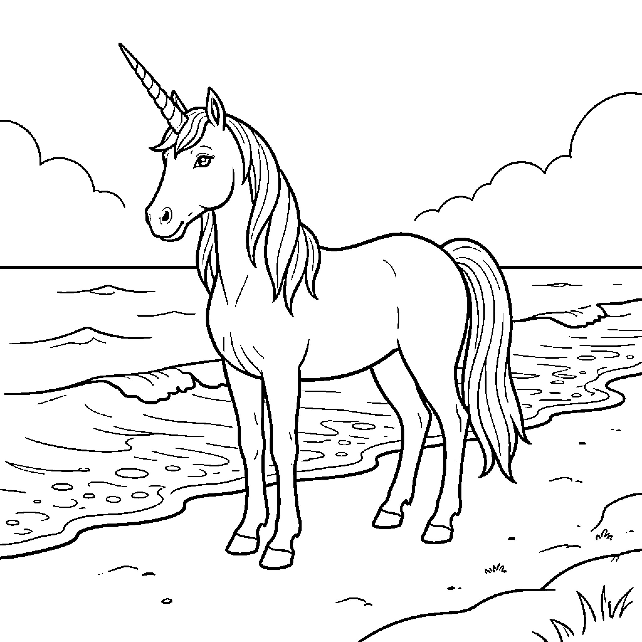 Unicorn standing peacefully on a beach near waves Coloring Page (free black-and-white line drawing printable PDF for all, from beginners to advanced learners, including children, teens, adults, and seniors)