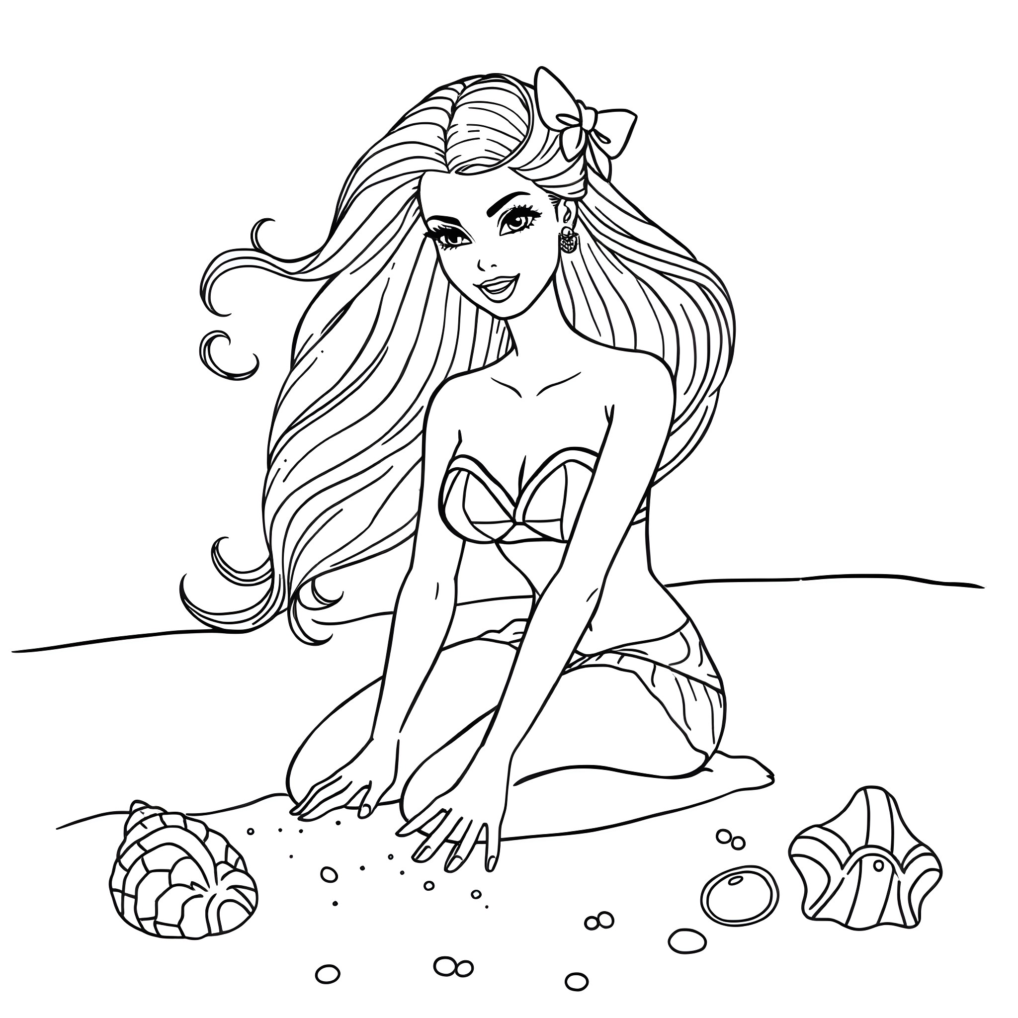 Barbie enjoying a day at the beach Coloring Page (free black-and-white line drawing printable PDF for all, from beginners to advanced learners, including children, teens, adults, and seniors)