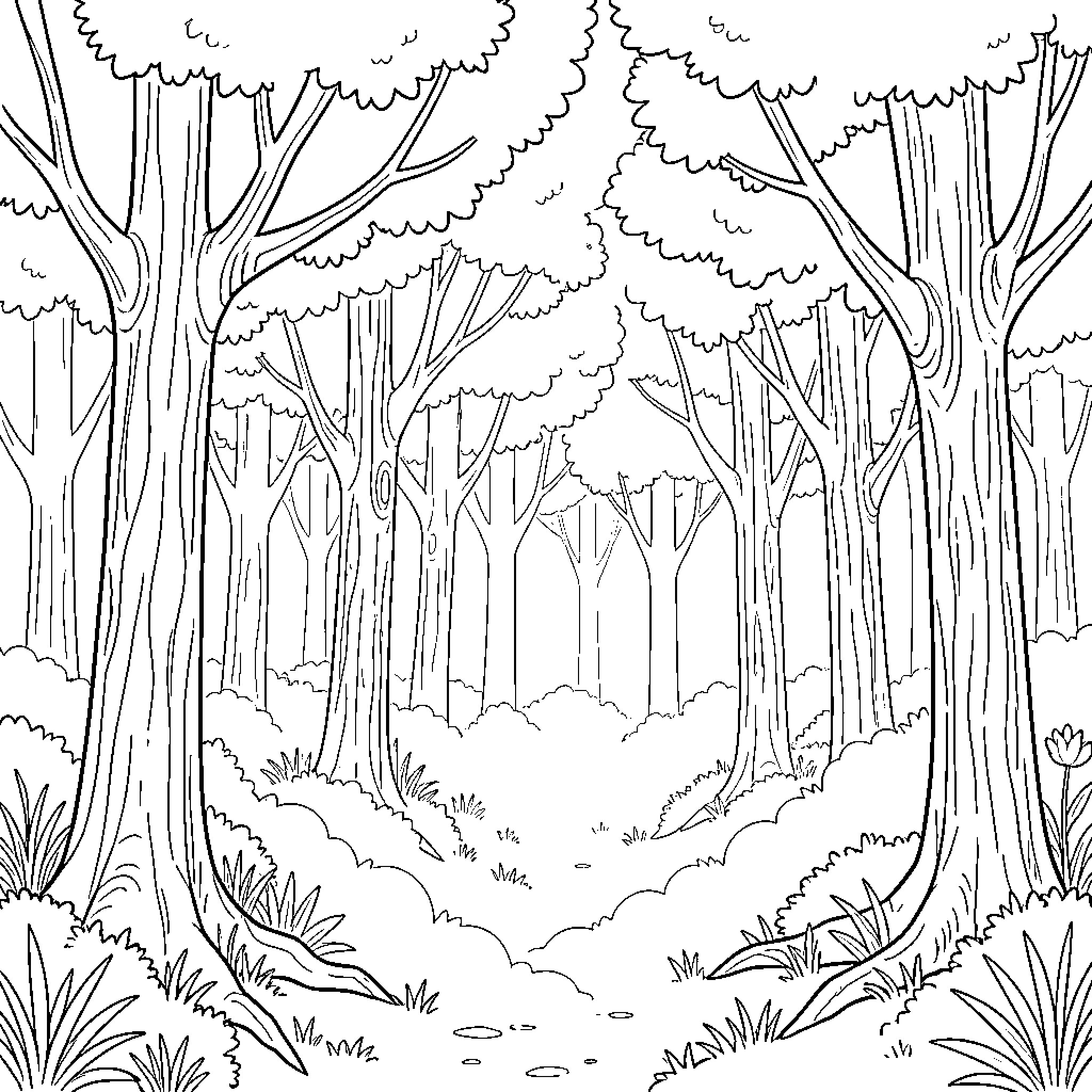 Foggy Forest with Misty Landscape Coloring Page (free black-and-white line drawing printable PDF for all, from beginners to advanced learners, including children, teens, adults, and seniors)