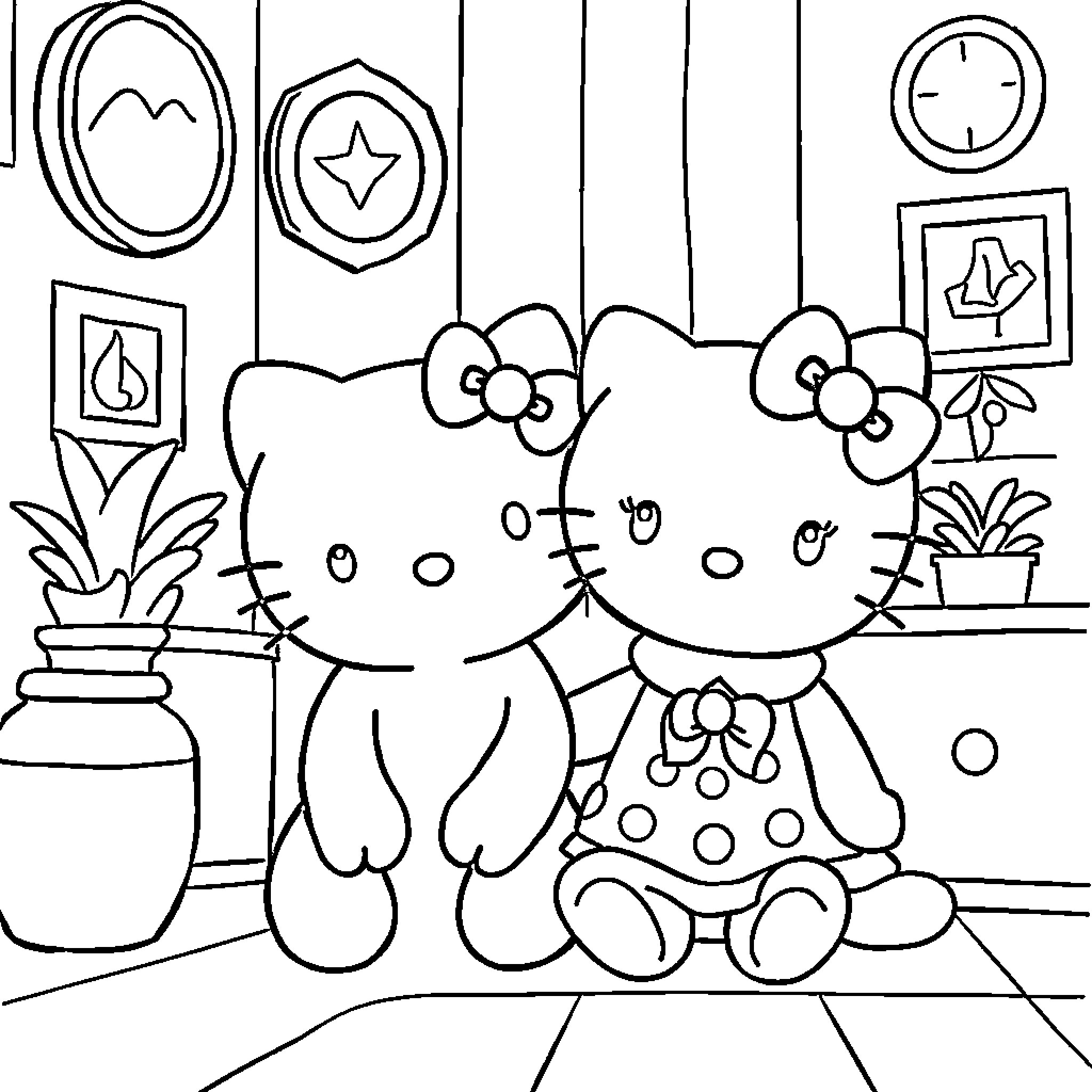 Hello Kitty and Friends Enjoying Their Home Coloring Page (free black-and-white line drawing printable PDF for all, from beginners to advanced learners, including children, teens, adults, and seniors)