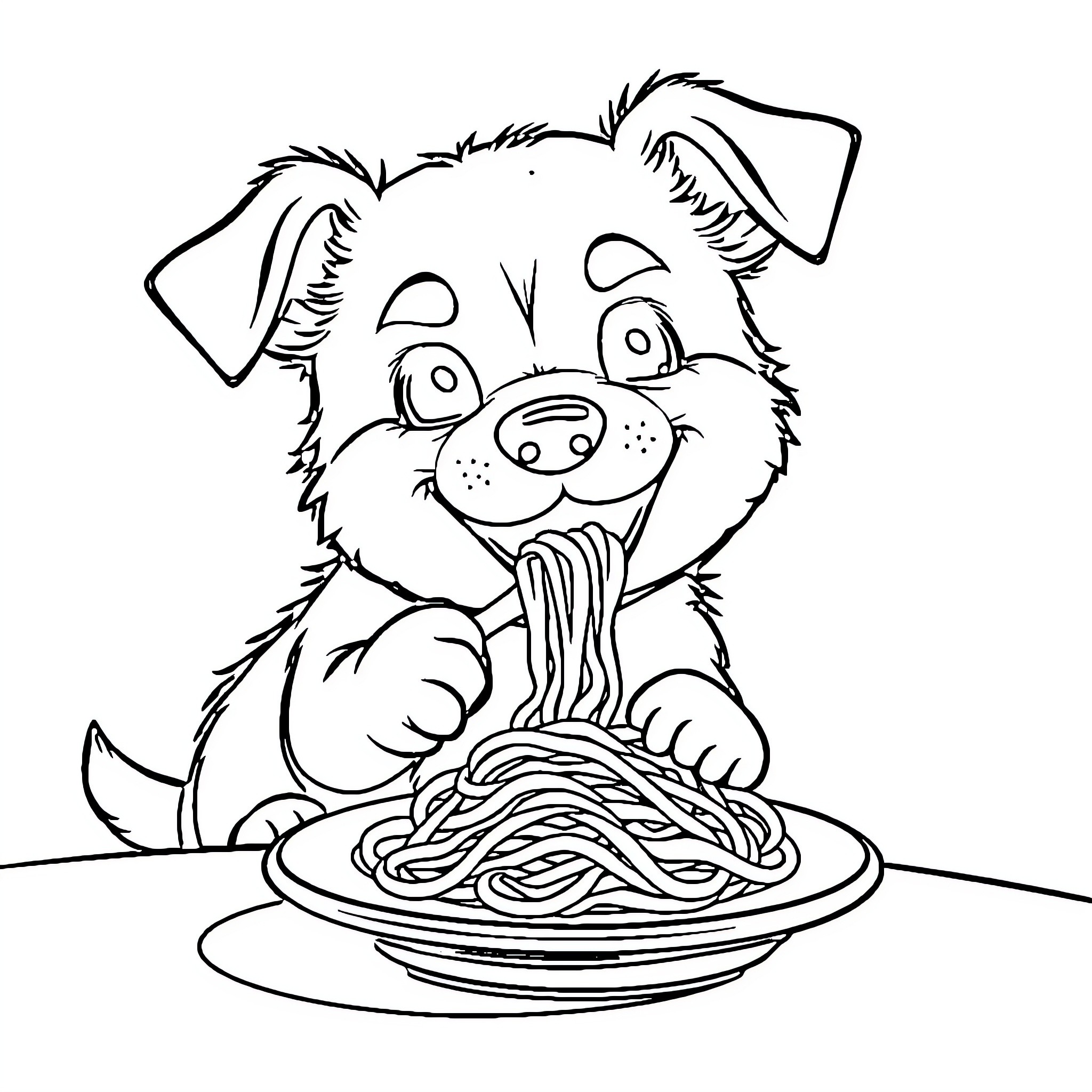 Dog eating spaghetti with enthusiasm Coloring Page (free black-and-white line drawing printable PDF for all, from beginners to advanced learners, including children, teens, adults, and seniors)