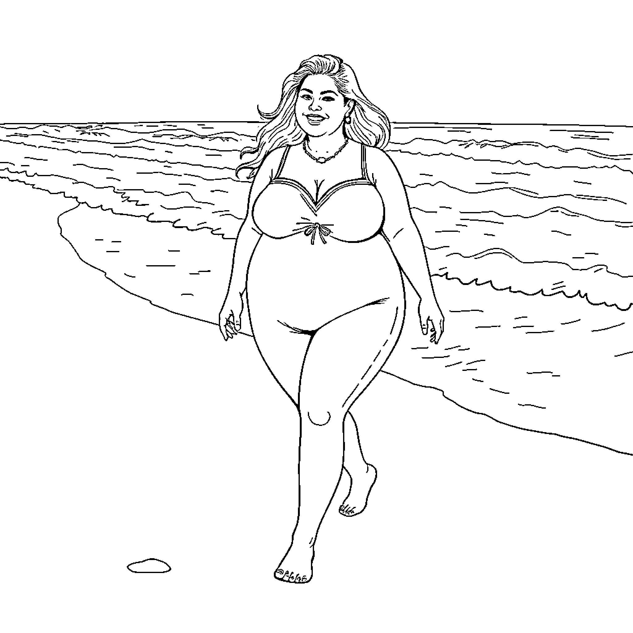 Woman walking confidently on the beach Coloring Page (free black-and-white line drawing printable PDF for all, from beginners to advanced learners, including children, teens, adults, and seniors)
