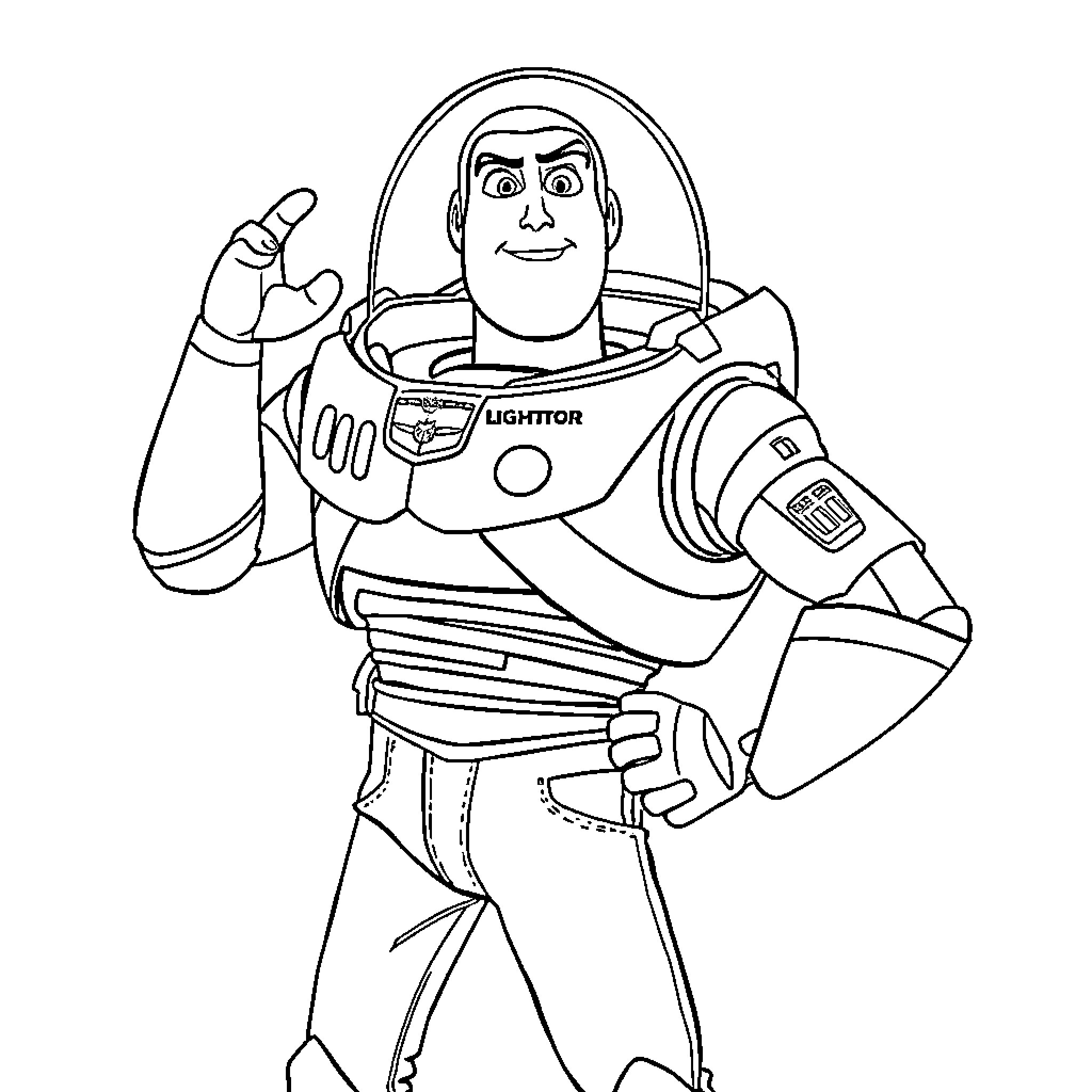 Buzz Lightyear in action pose with spacesuit Coloring Page (free black-and-white line drawing printable PDF for all, from beginners to advanced learners, including children, teens, adults, and seniors)