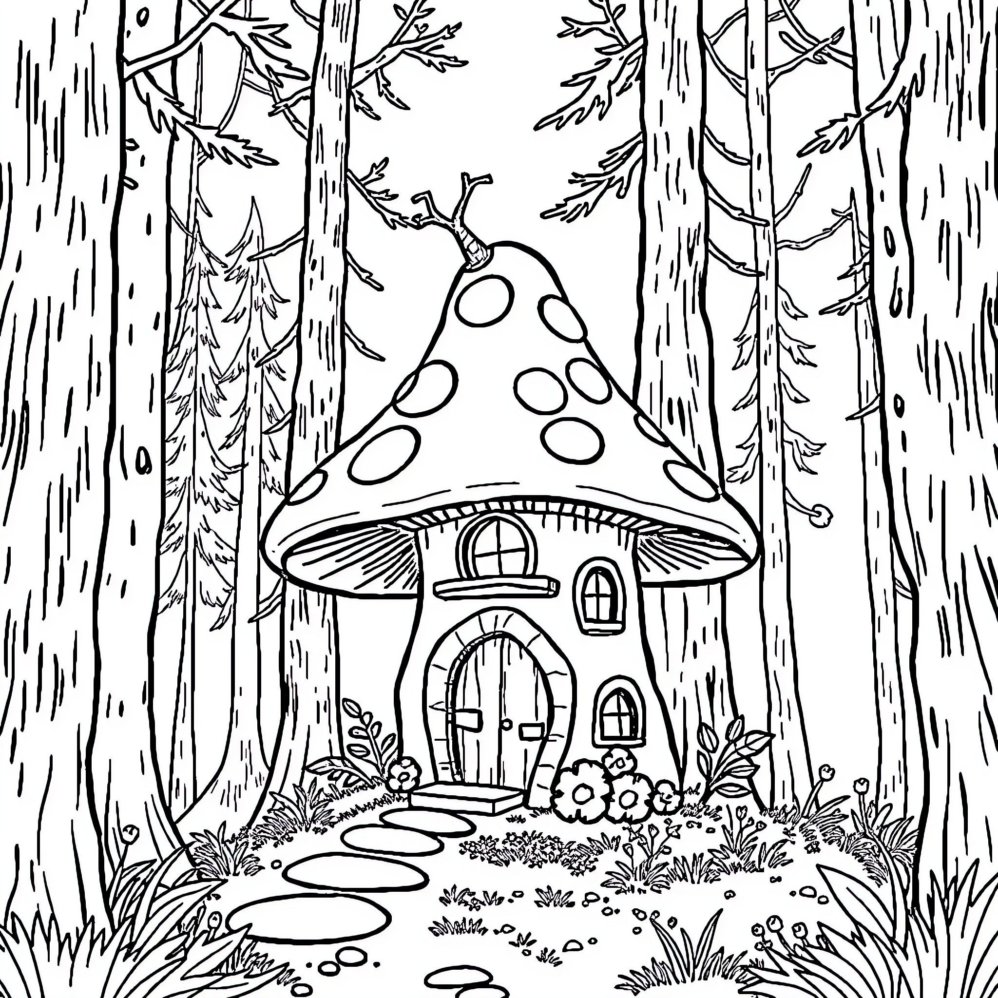 Mushroom Cottage in the Enchanted Forest Coloring Page (free black-and-white line drawing printable PDF for all, from beginners to advanced learners, including children, teens, adults, and seniors)