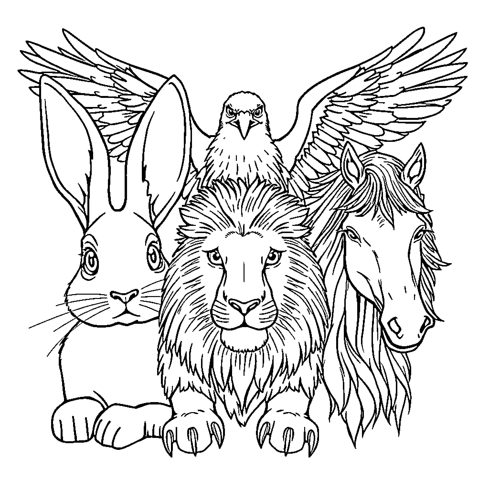 Mythical Creature Gathering of Fantastical Animals Coloring Page (free black-and-white line drawing printable PDF for all, from beginners to advanced learners, including children, teens, adults, and seniors)