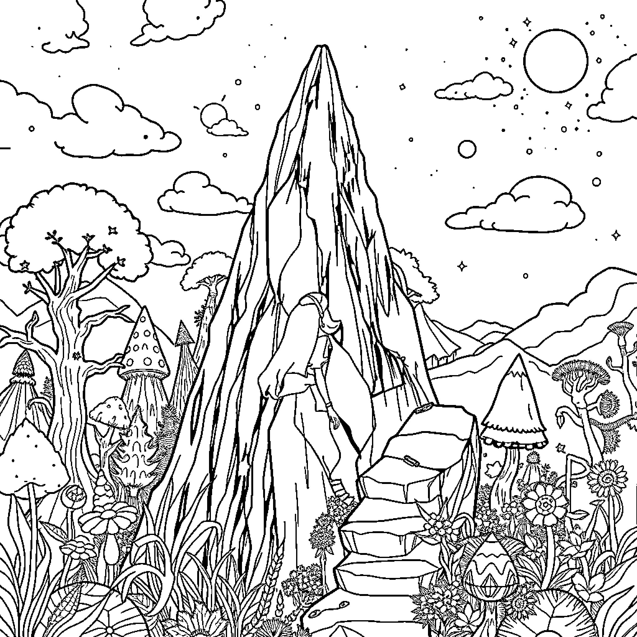 Alice's Enchanted Mountain Landscape Coloring Page (free black-and-white line drawing printable PDF for all, from beginners to advanced learners, including children, teens, adults, and seniors)