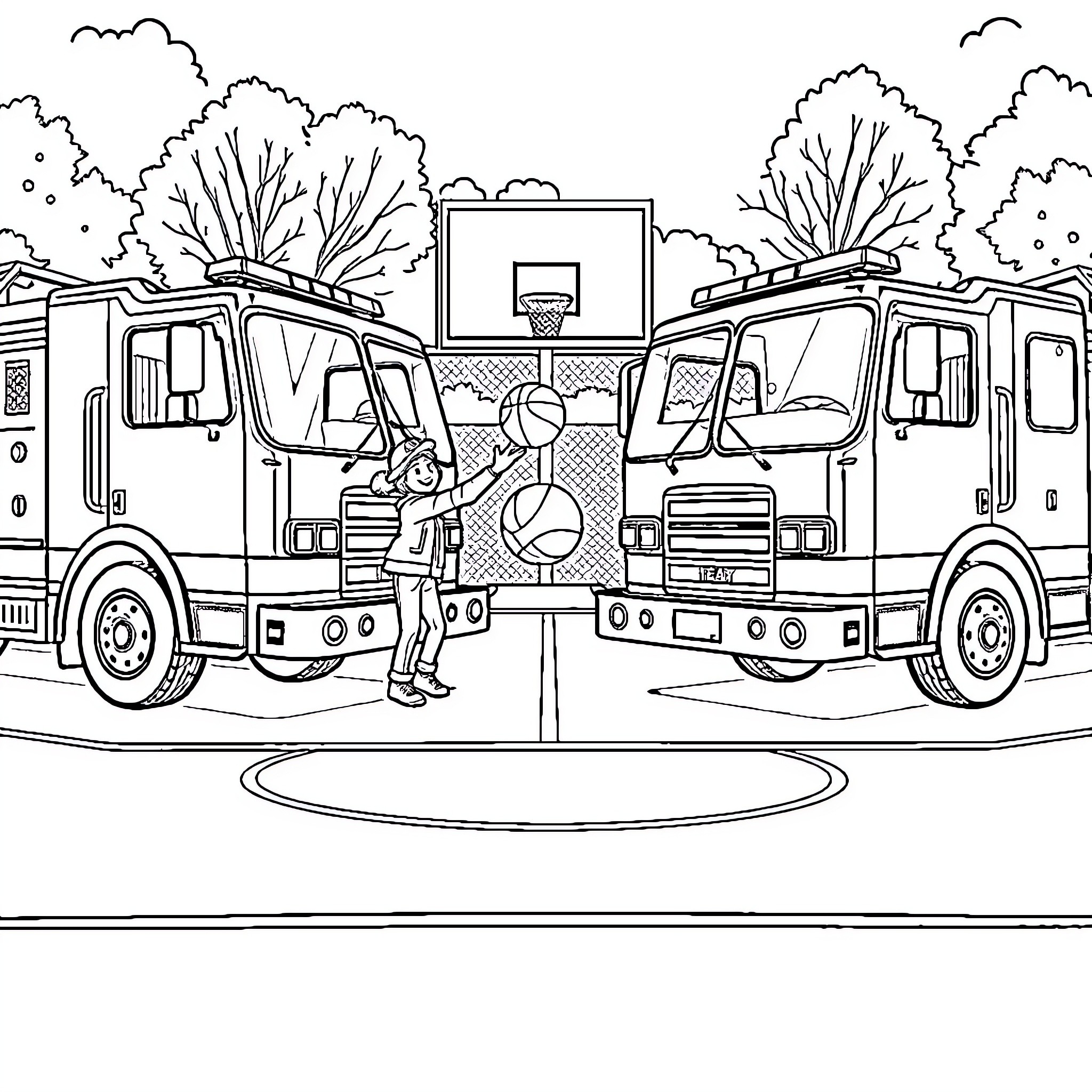Fire Truck Responding to Emergency Call Coloring Page (free black-and-white line drawing printable PDF for all, from beginners to advanced learners, including children, teens, adults, and seniors)