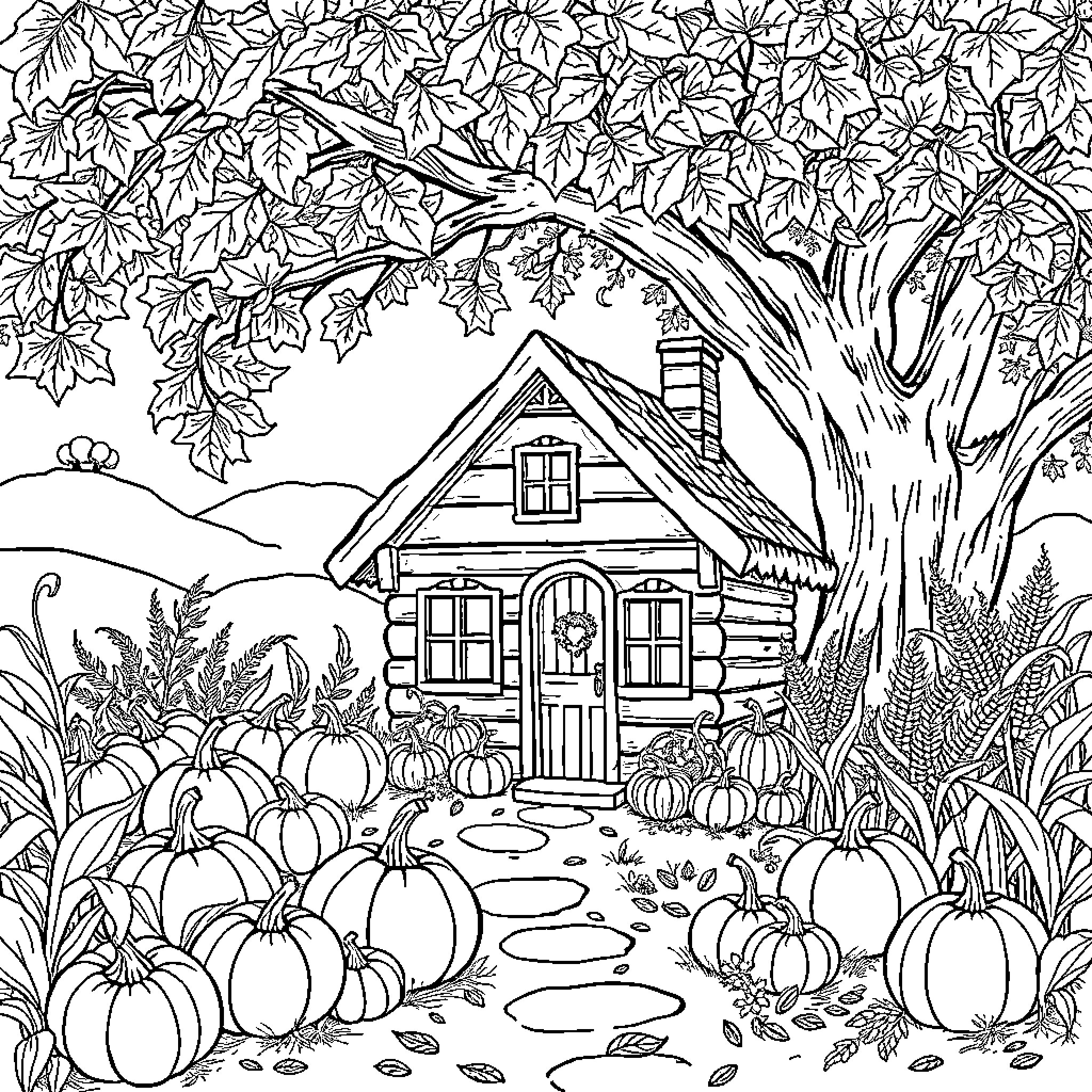 Cottage in Autumn Landscape with Pumpkins Coloring Page (free black-and-white line drawing printable PDF for all, from beginners to advanced learners, including children, teens, adults, and seniors)