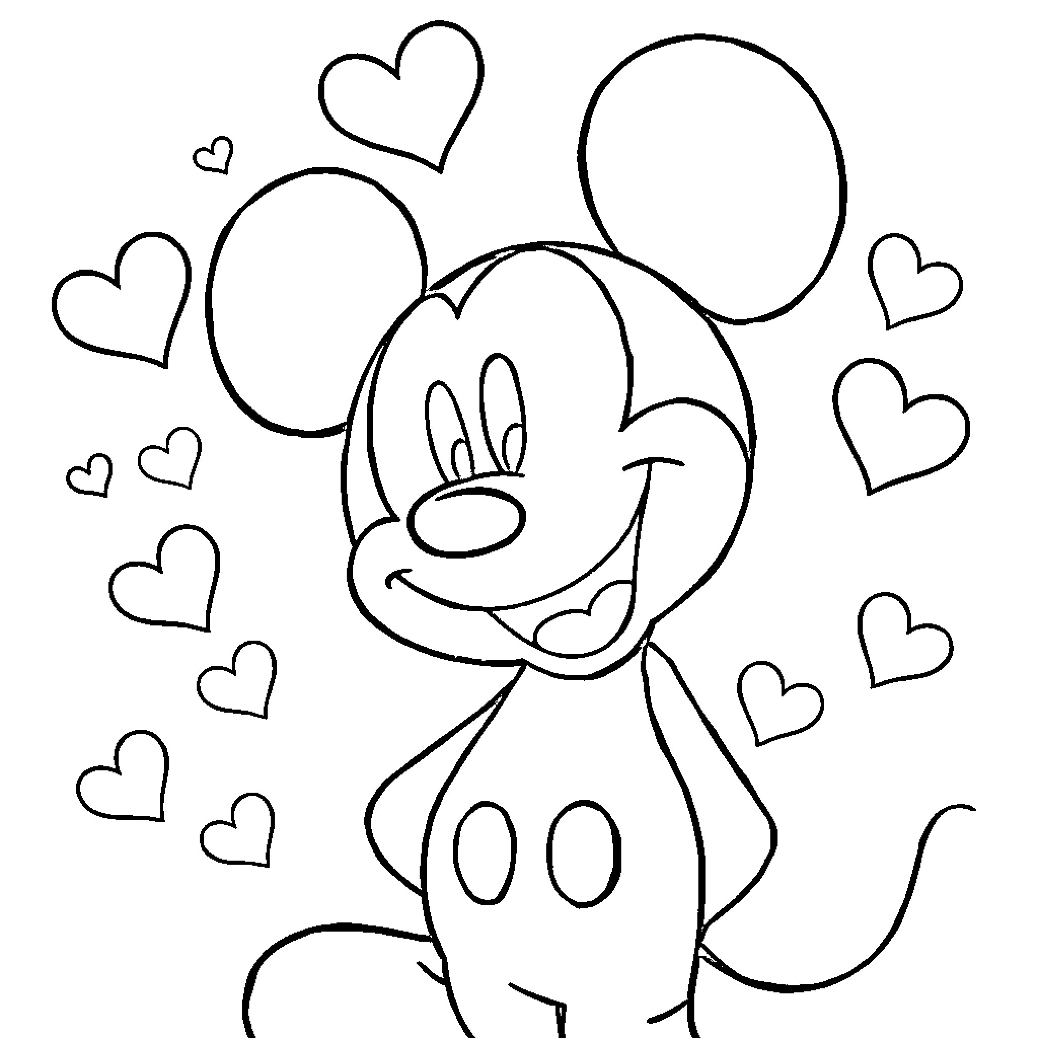 Mickey Mouse surrounded by hearts Coloring Page (free black-and-white line drawing printable PDF for all, from beginners to advanced learners, including children, teens, adults, and seniors)