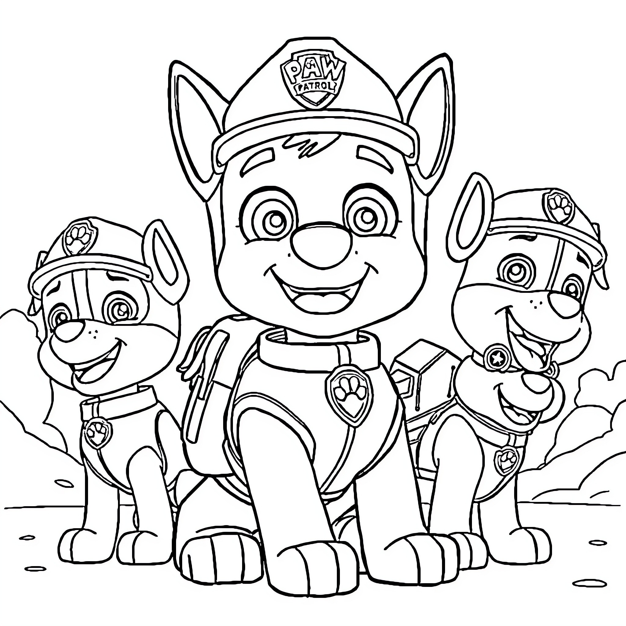 Rayan and his Paw Patrol friends in action Coloring Page (free black-and-white line drawing printable PDF for all, from beginners to advanced learners, including children, teens, adults, and seniors)