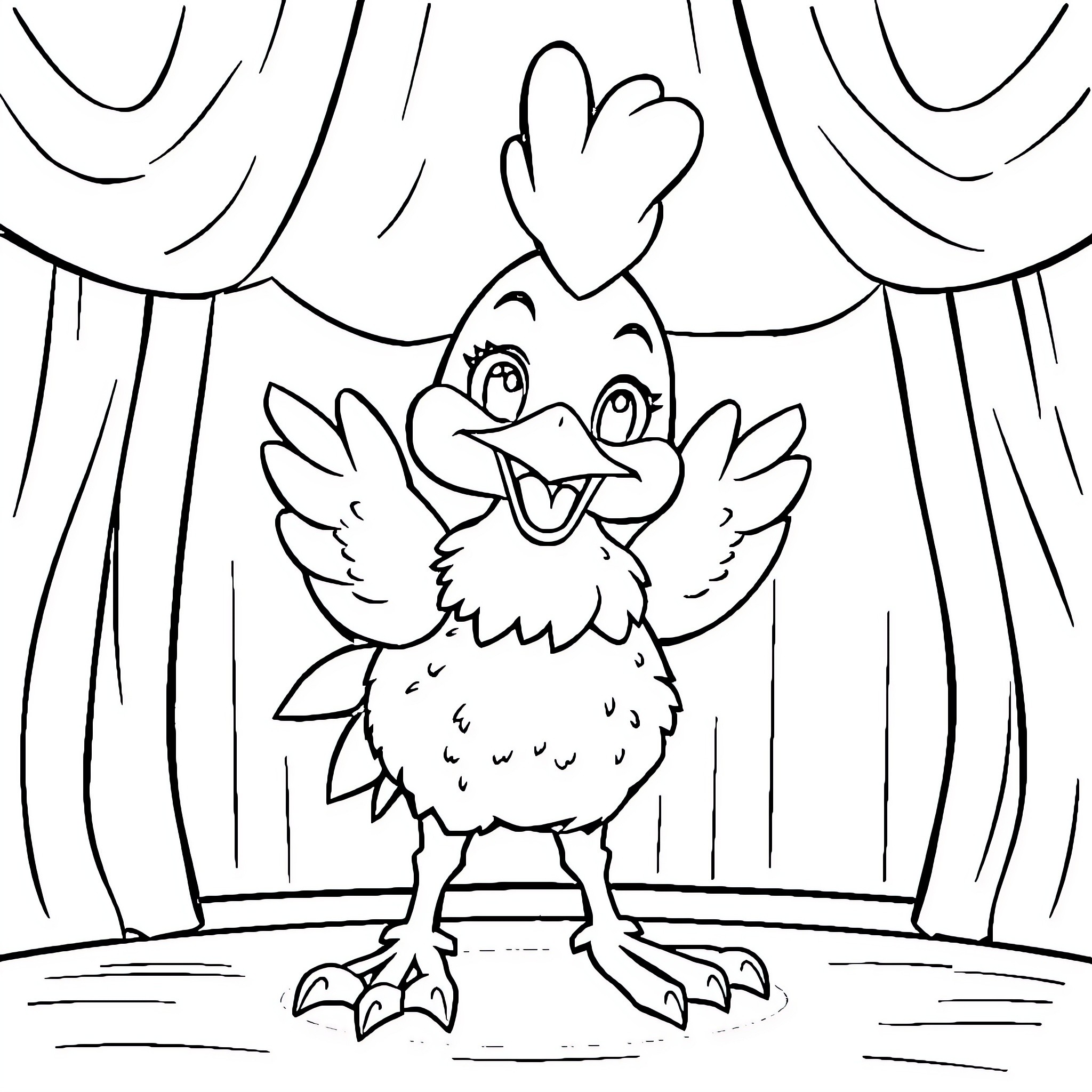 Chica performing on stage with curtains Coloring Page (free black-and-white line drawing printable PDF for all, from beginners to advanced learners, including children, teens, adults, and seniors)