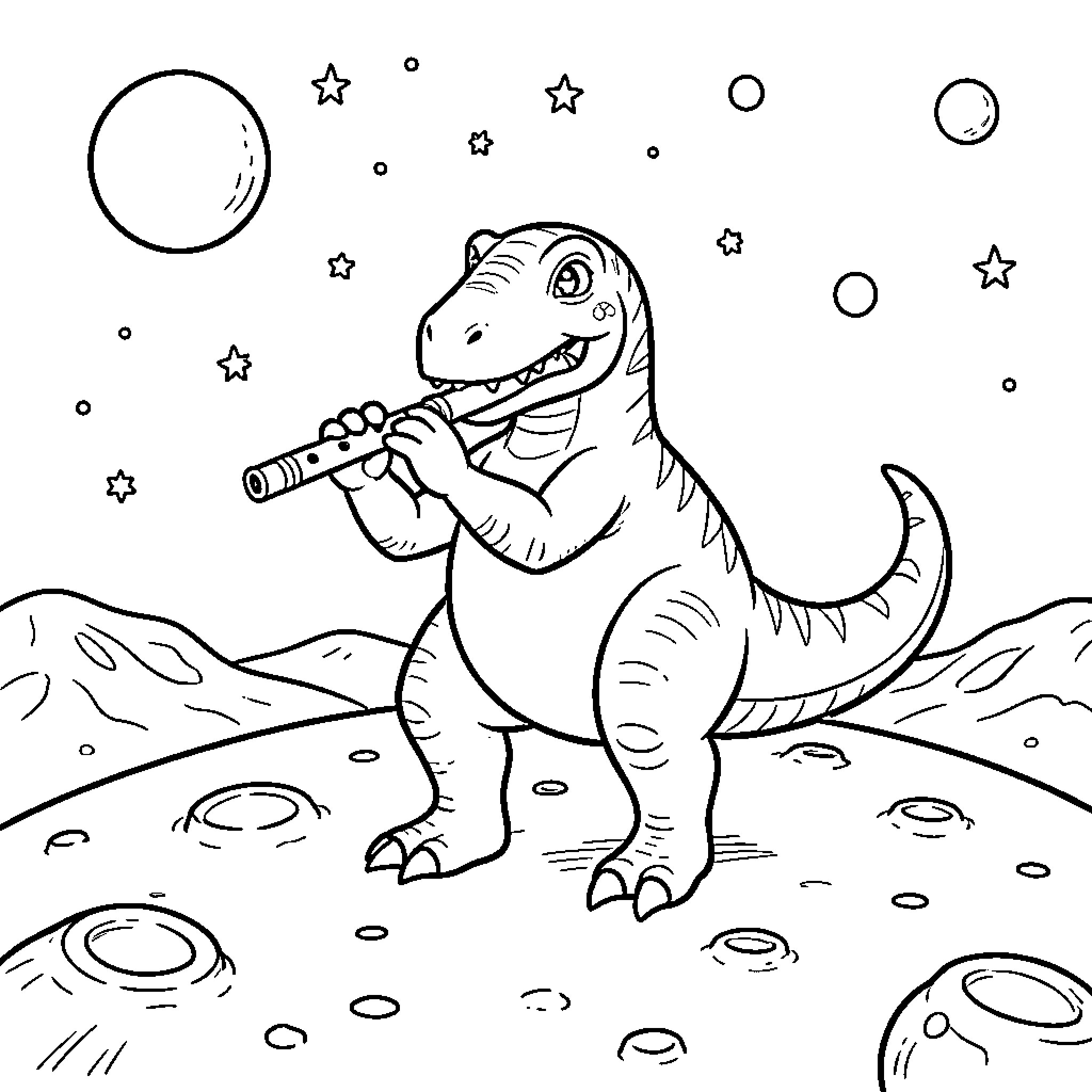 Dinosaur playing a flute on the moon Coloring Page (free black-and-white line drawing printable PDF for all, from beginners to advanced learners, including children, teens, adults, and seniors)