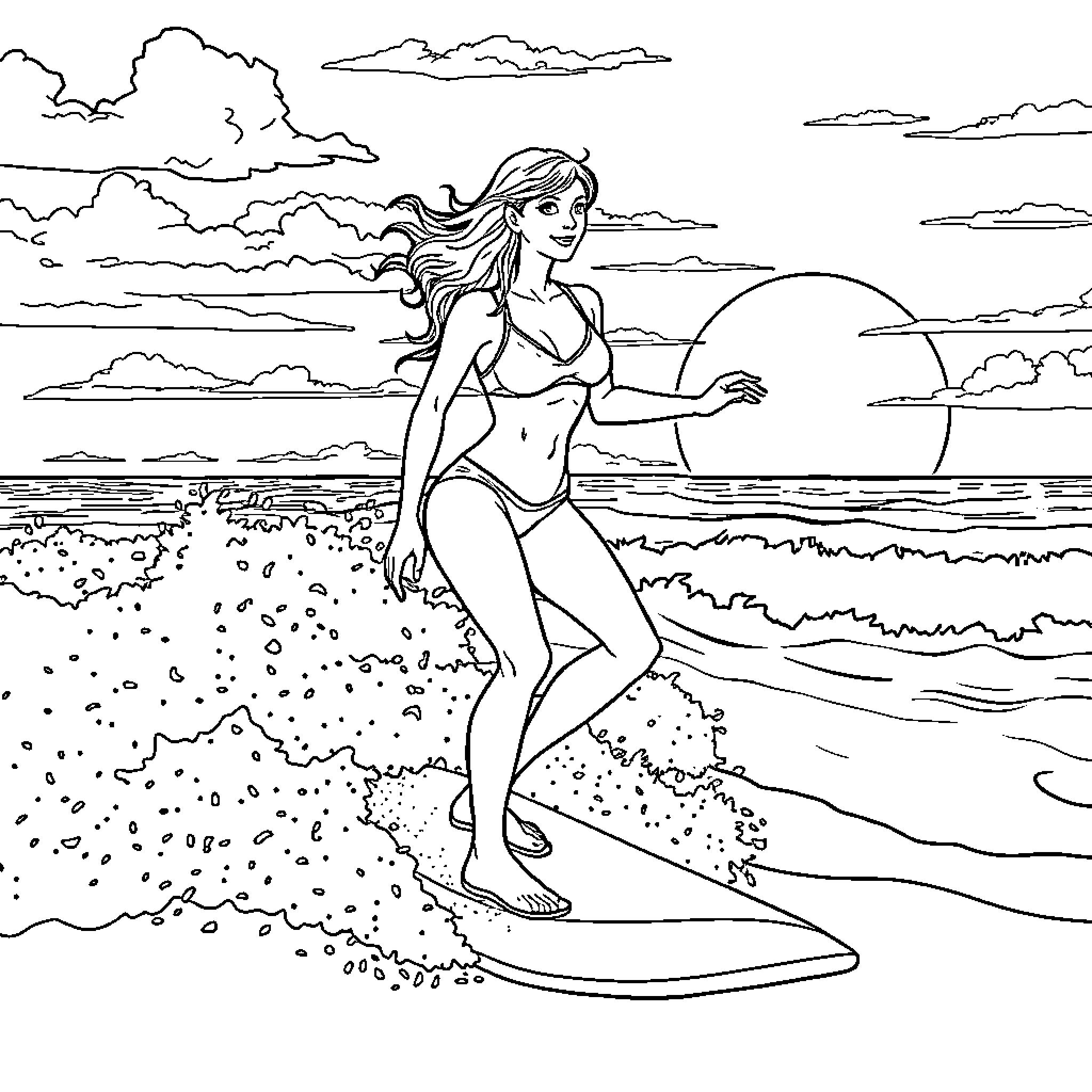 Woman surfing on a tropical beach Coloring Page (free black-and-white line drawing printable PDF for all, from beginners to advanced learners, including children, teens, adults, and seniors)