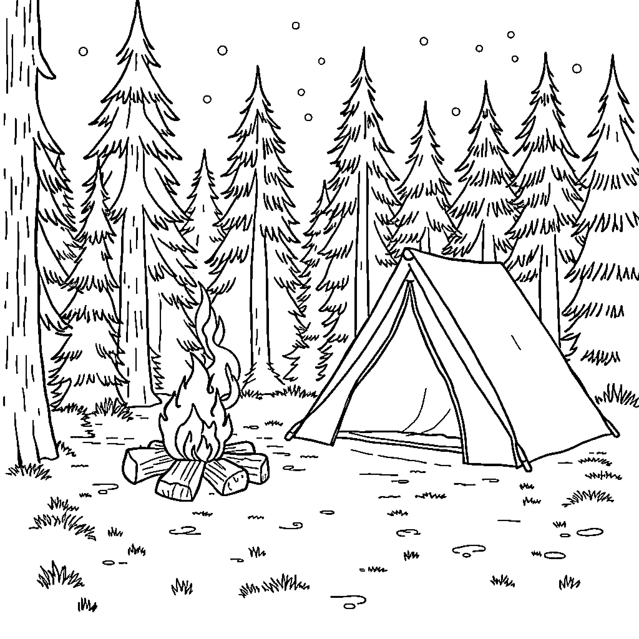Campfire in the snowy forest with a tent Coloring Page (free black-and-white line drawing printable PDF for all, from beginners to advanced learners, including children, teens, adults, and seniors)