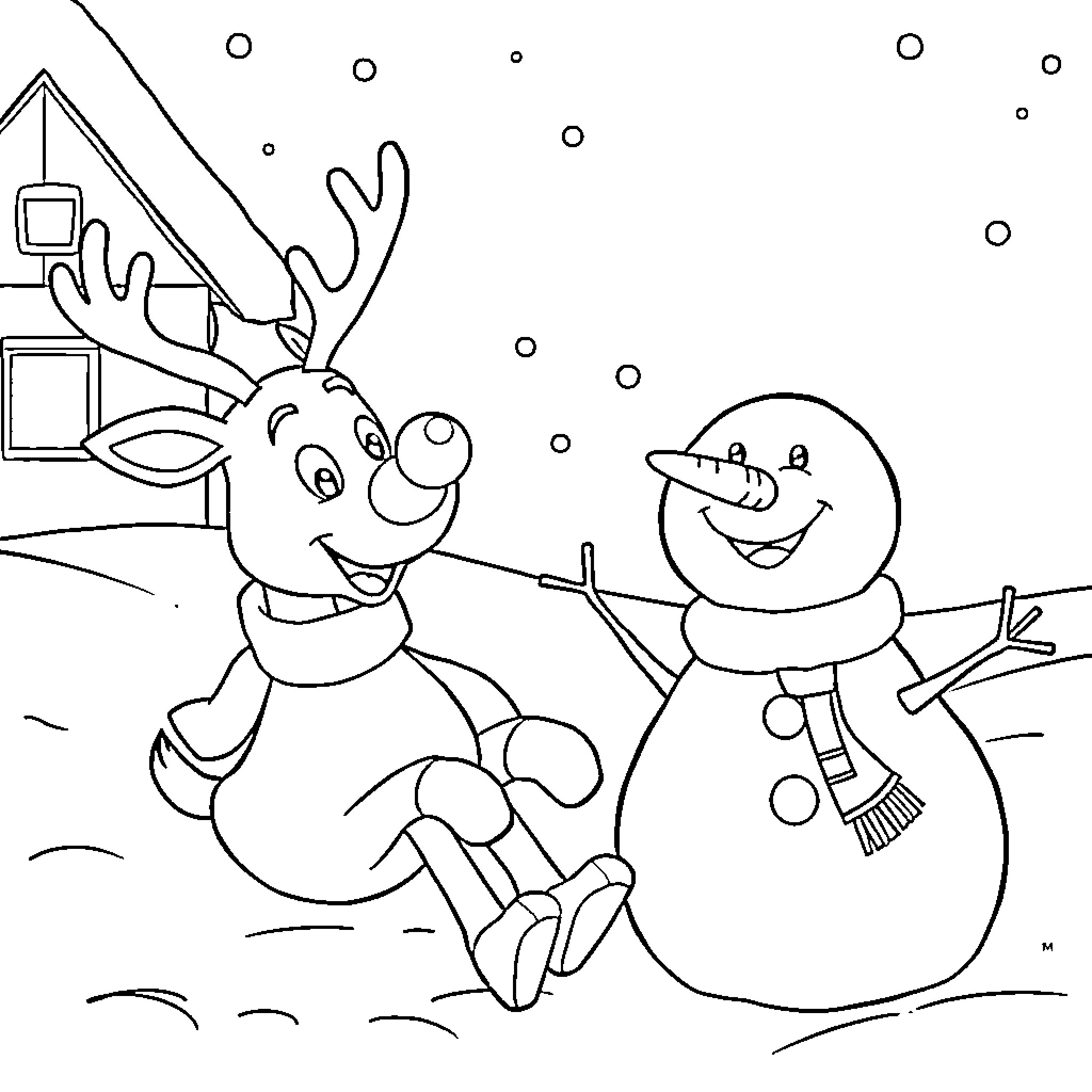 Rudolf's Snowy Playdate with Frosty Coloring Page (free black-and-white line drawing printable PDF for all, from beginners to advanced learners, including children, teens, adults, and seniors)