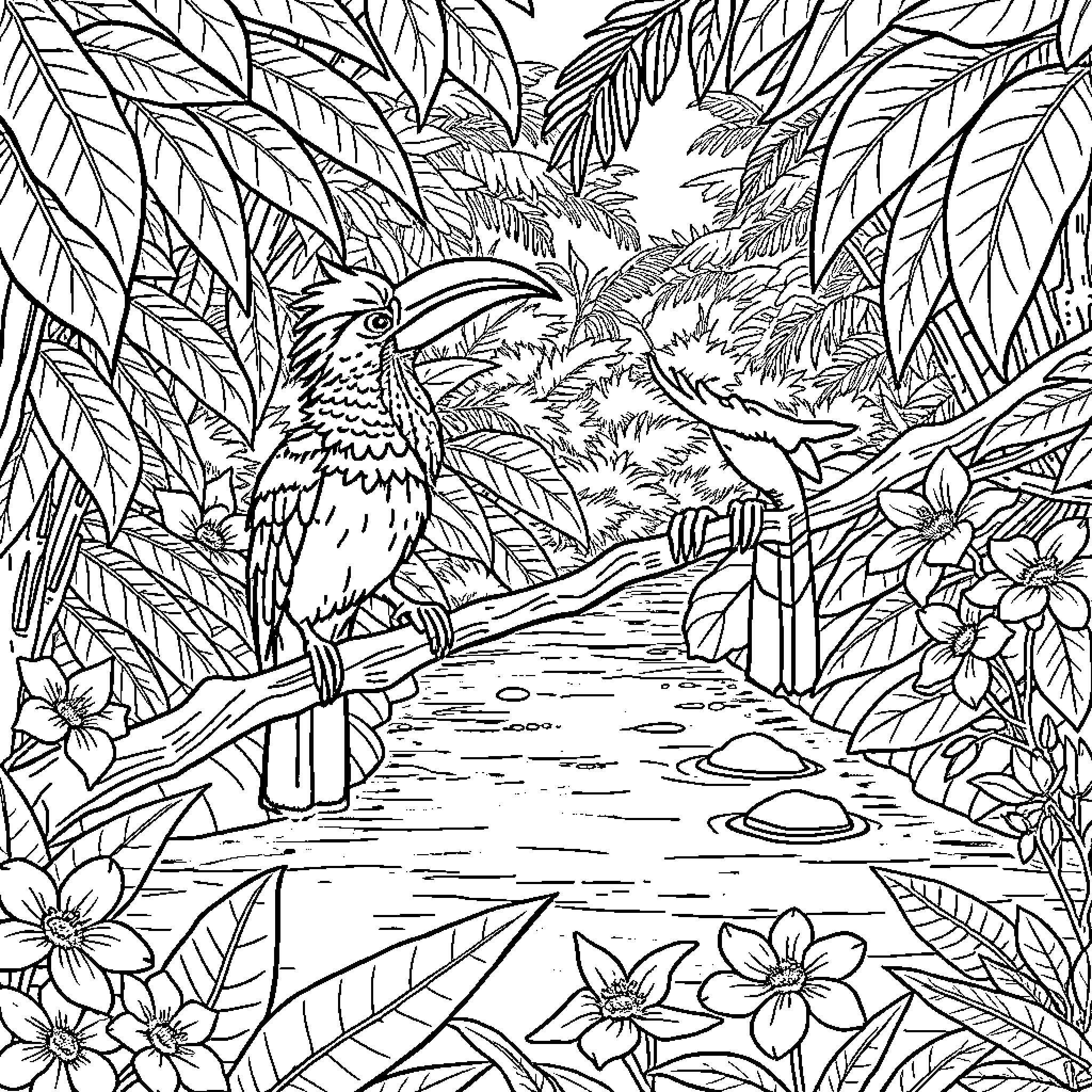 Hoatzin bird in lush tropical forest Coloring Page (free black-and-white line drawing printable PDF for all, from beginners to advanced learners, including children, teens, adults, and seniors)