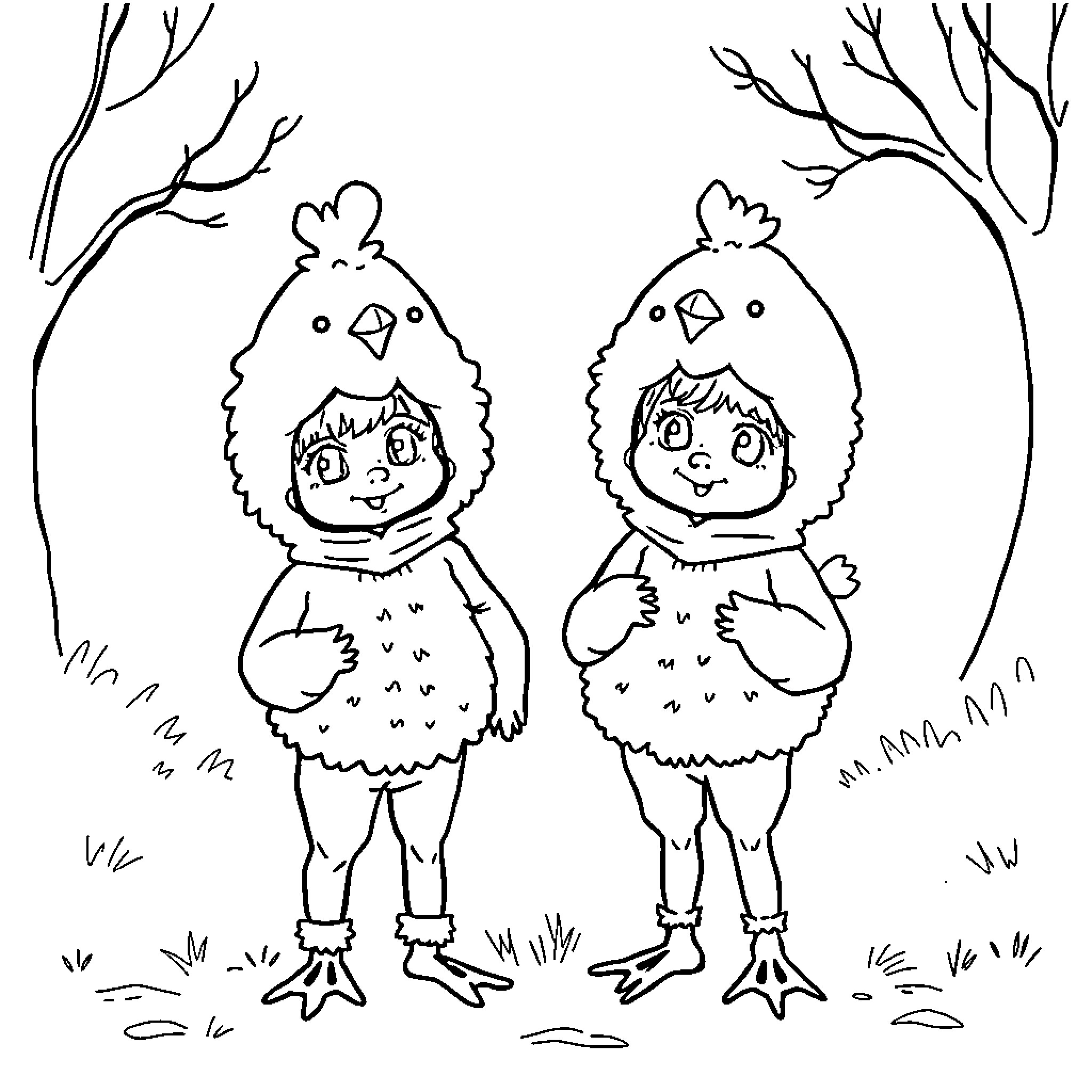 Kid Chickens Explore the Outdoors Coloring Page (free black-and-white line drawing printable PDF for all, from beginners to advanced learners, including children, teens, adults, and seniors)