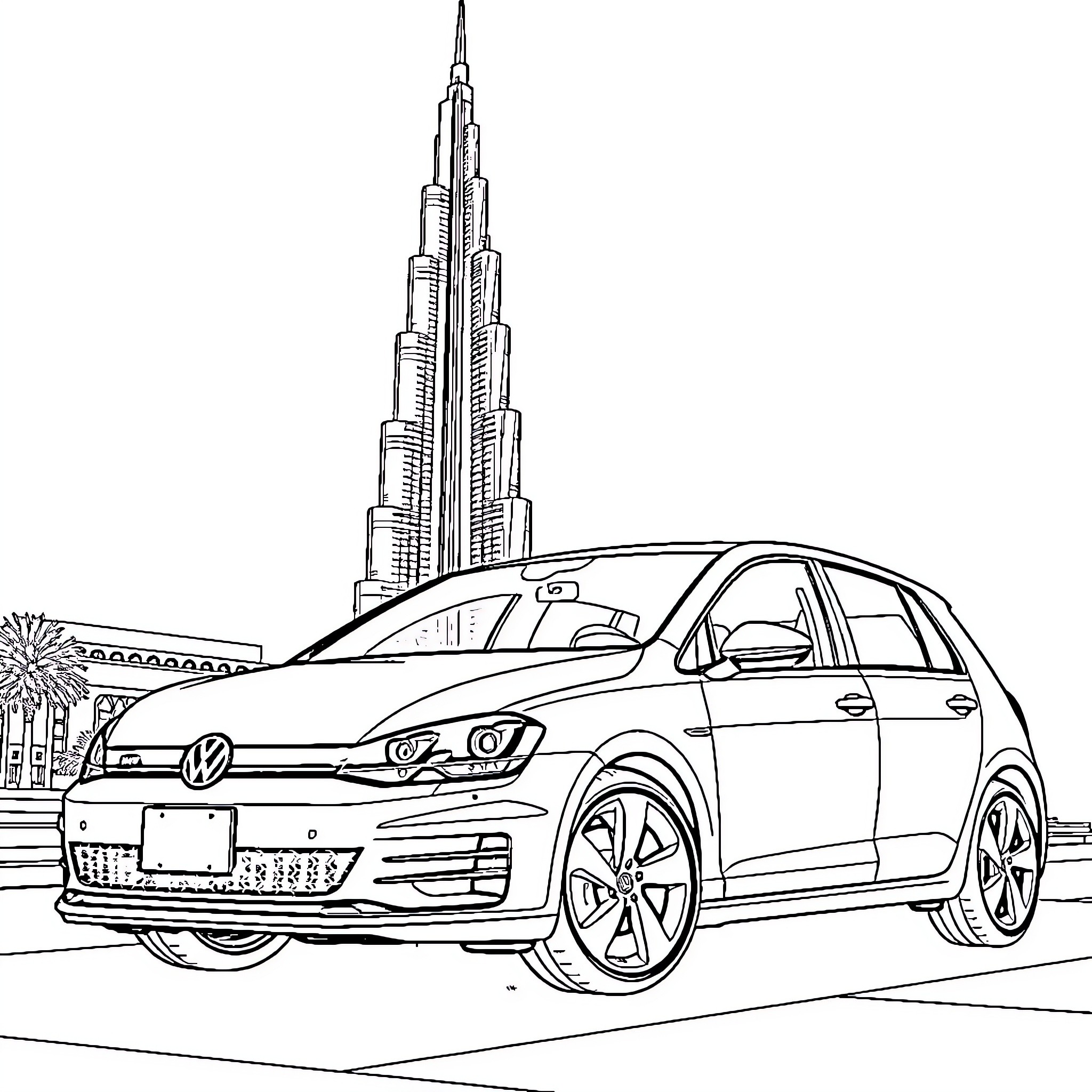 Volkswagen car parked in front of Burj Khalifa Coloring Page (free black-and-white line drawing printable PDF for all, from beginners to advanced learners, including children, teens, adults, and seniors)