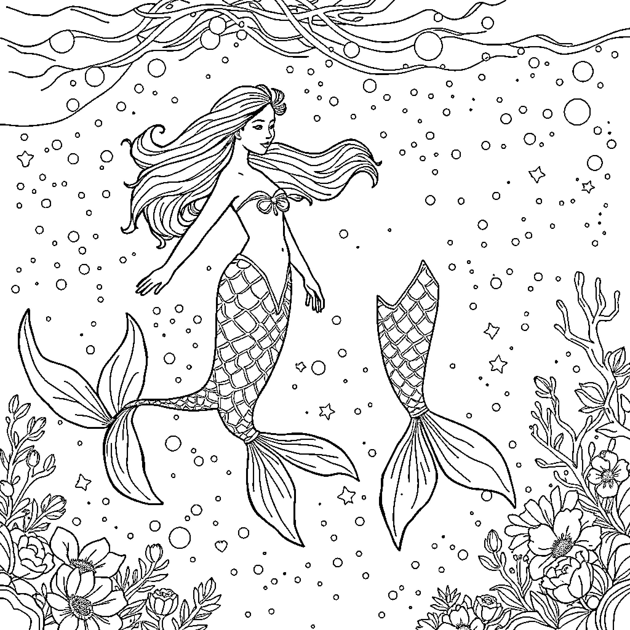 Mermaid swimming gracefully in underwater garden Coloring Page (free black-and-white line drawing printable PDF for all, from beginners to advanced learners, including children, teens, adults, and seniors)