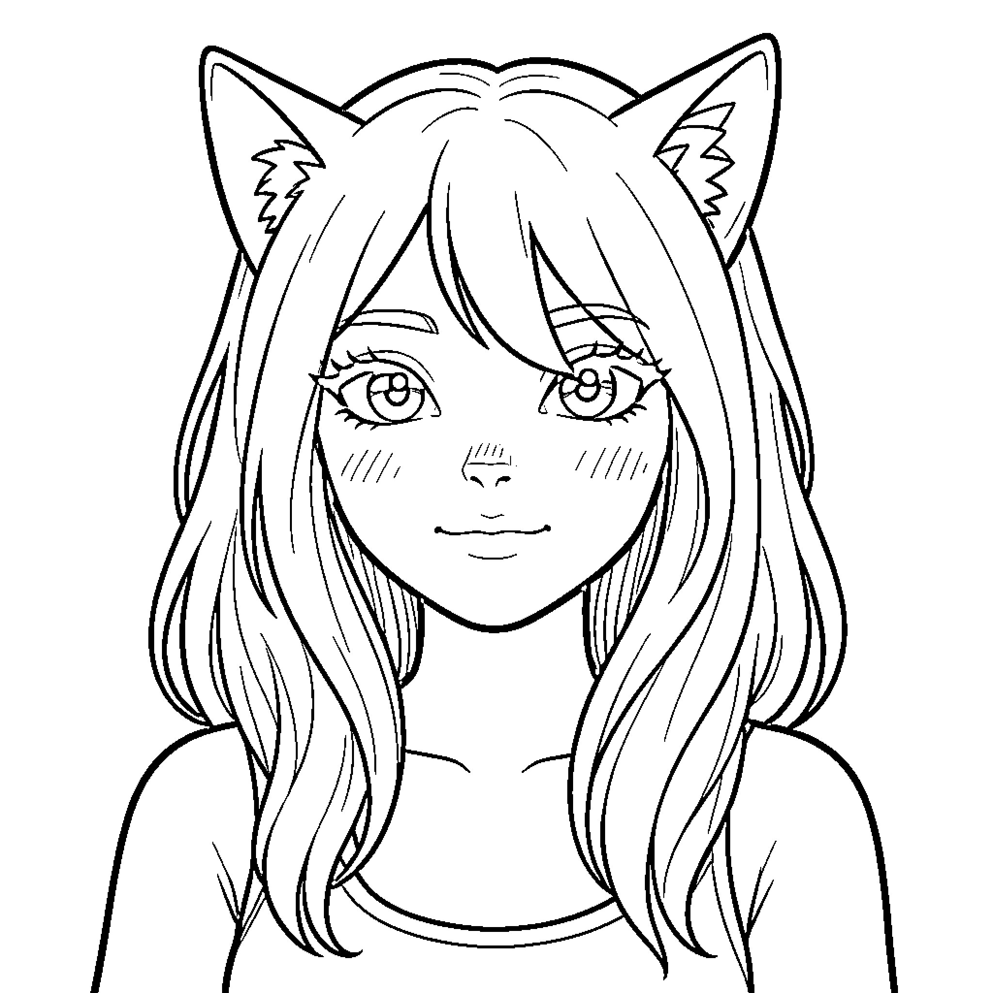 Cat Woman with animal ears and a gentle expression Coloring Page (free black-and-white line drawing printable PDF for all, from beginners to advanced learners, including children, teens, adults, and seniors)