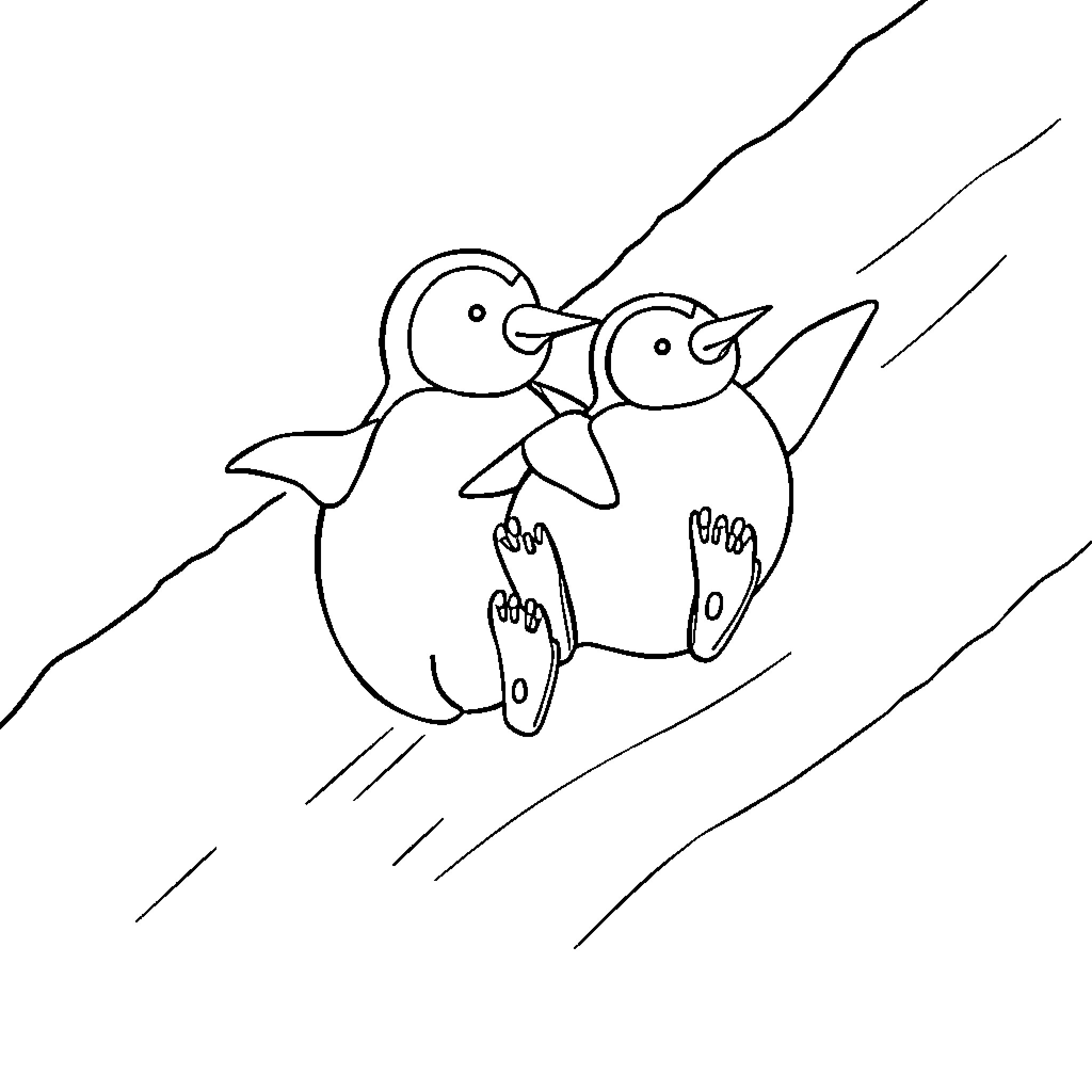 Penguins embracing on cliff Coloring Page (free black-and-white line drawing printable PDF for all, from beginners to advanced learners, including children, teens, adults, and seniors)