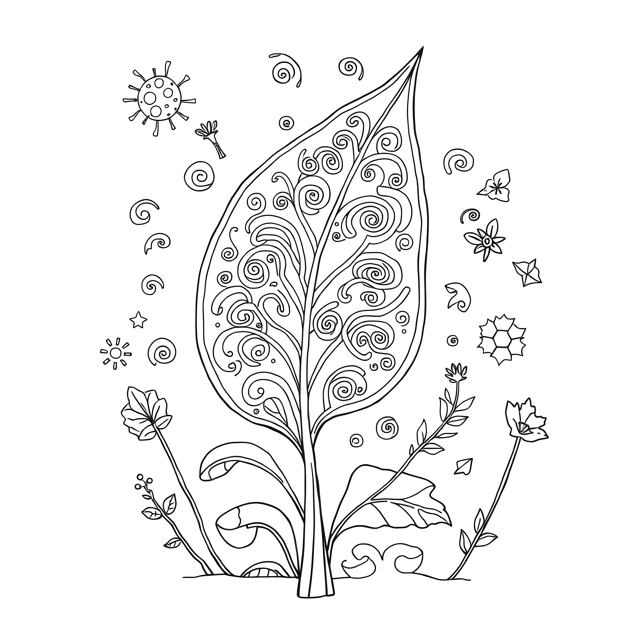 Weed Leaf Filled with Abstract Patterns and Shapes Coloring Page (free black-and-white line drawing printable PDF for all, from beginners to advanced learners, including children, teens, adults, and seniors)