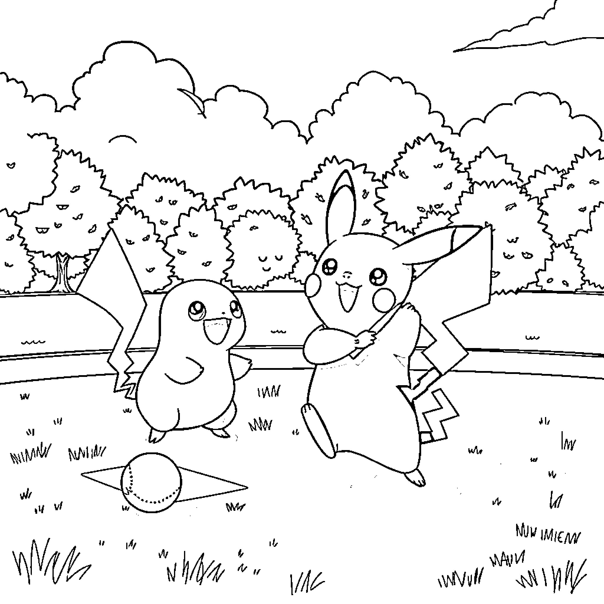 Pikachu playing with friends in the forest Coloring Page (free black-and-white line drawing printable PDF for all, from beginners to advanced learners, including children, teens, adults, and seniors)