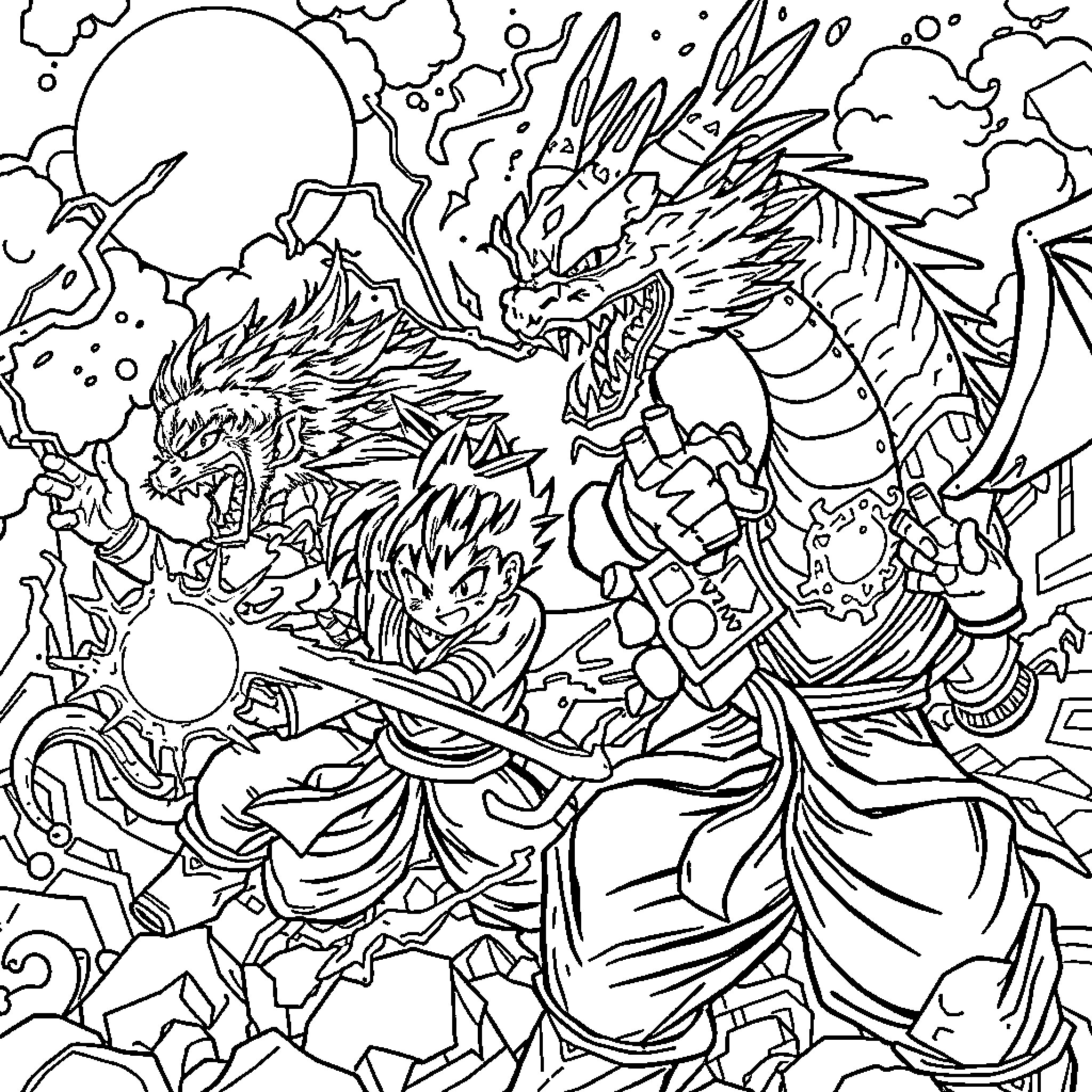 Dragonball characters in intense battle with mythical dragon Coloring Page (free black-and-white line drawing printable PDF for all, from beginners to advanced learners, including children, teens, adults, and seniors)