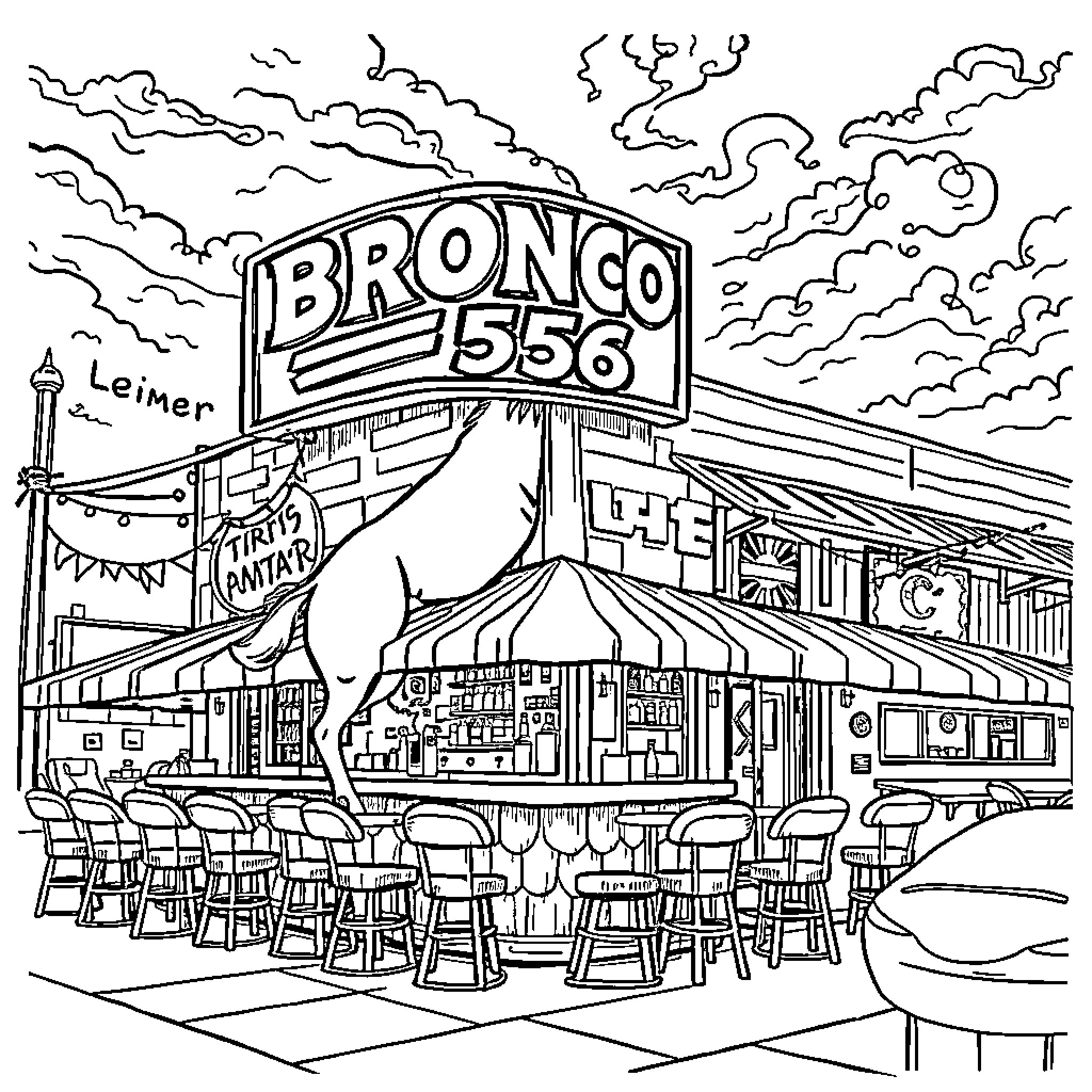 Bronco 556 Restaurant Scene with Clouds and Banners Coloring Page (free black-and-white line drawing printable PDF for all, from beginners to advanced learners, including children, teens, adults, and seniors)