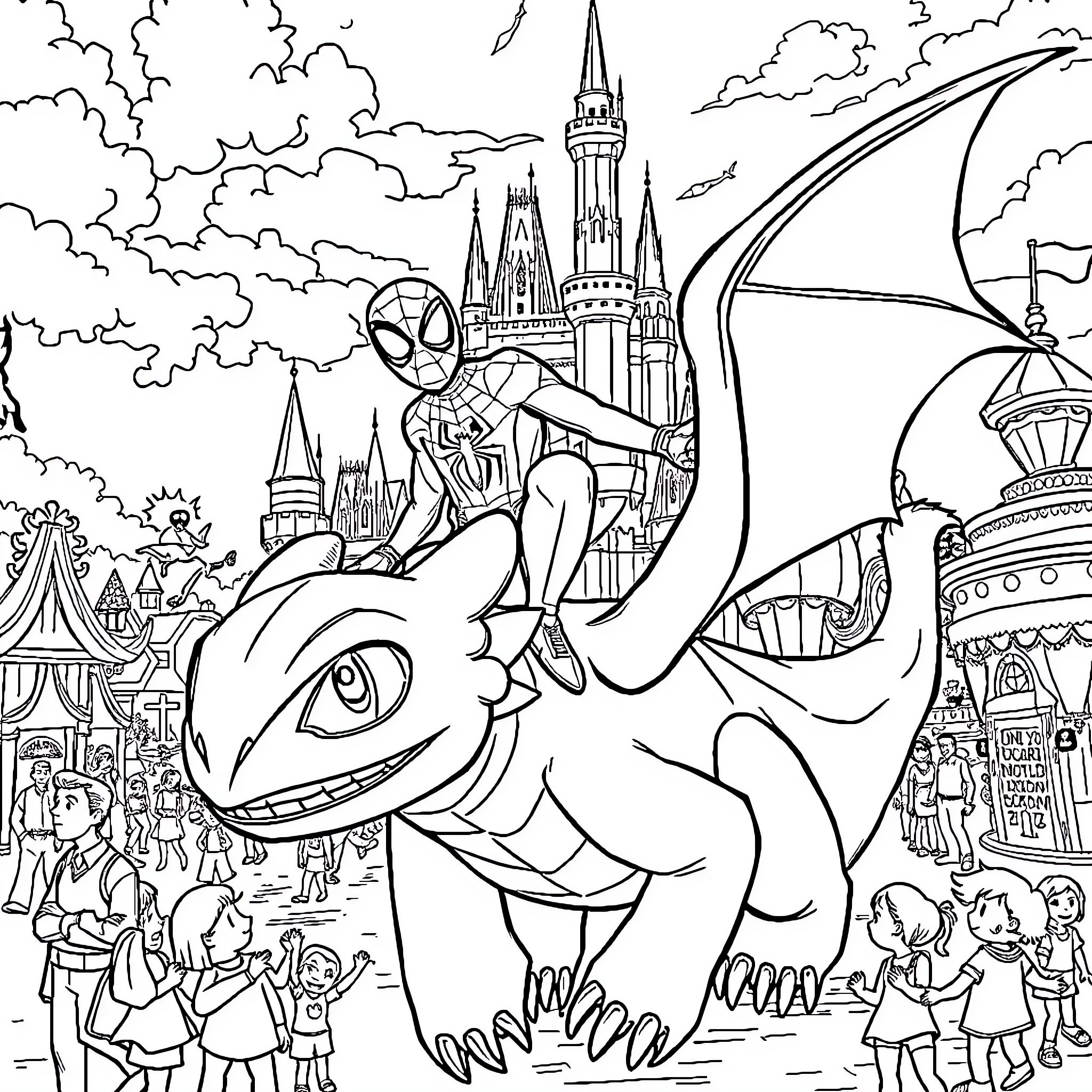 Spider-Man swinging on a dragon through a magical city Coloring Page (free black-and-white line drawing printable PDF for all, from beginners to advanced learners, including children, teens, adults, and seniors)