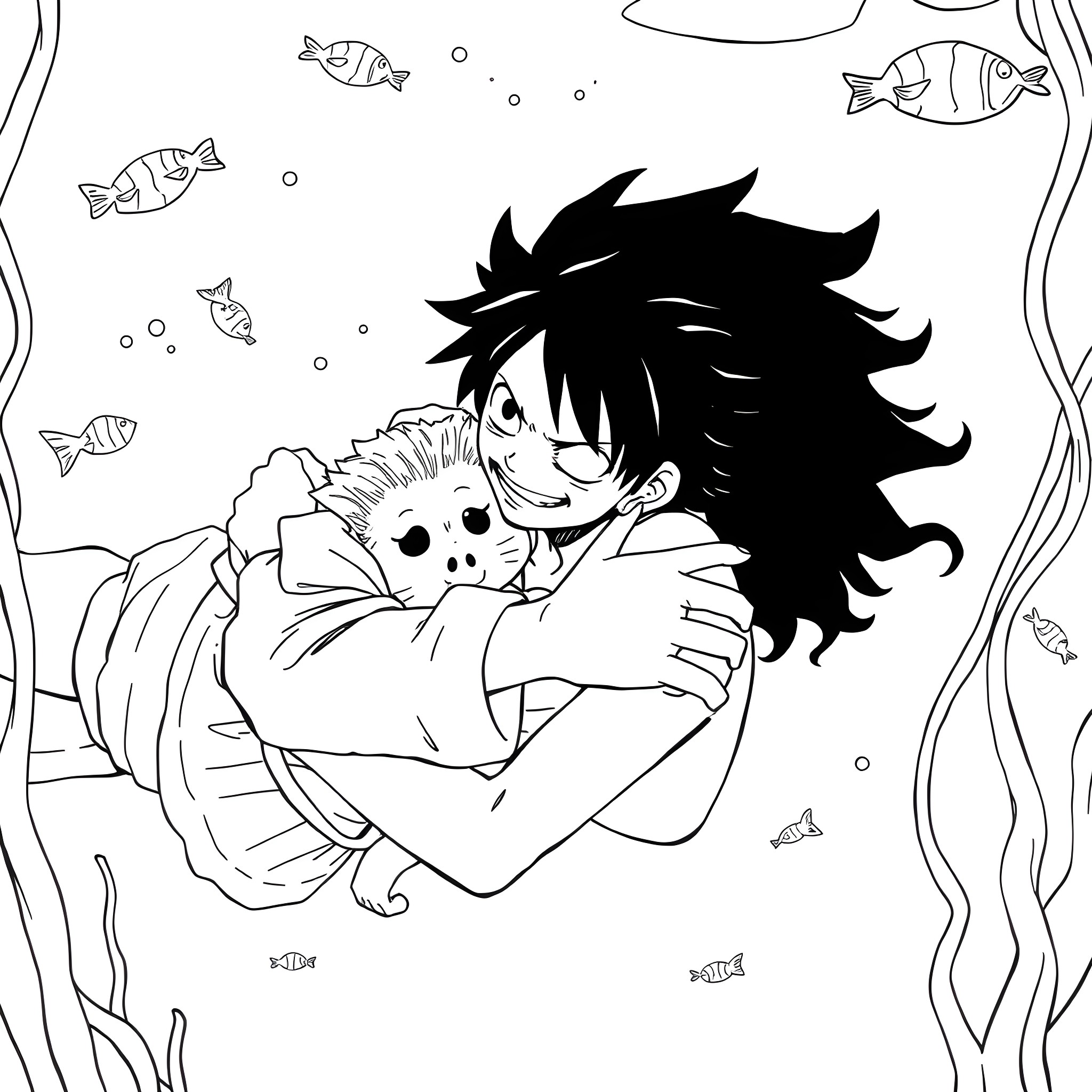 Luffy cuddling a stuffed animal underwater Coloring Page (free black-and-white line drawing printable PDF for all, from beginners to advanced learners, including children, teens, adults, and seniors)