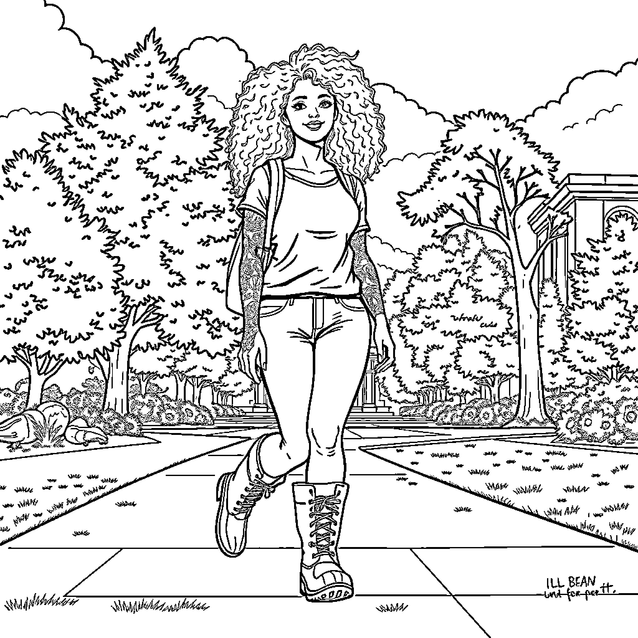 Lady exploring the tranquil garden path Coloring Page (free black-and-white line drawing printable PDF for all, from beginners to advanced learners, including children, teens, adults, and seniors)