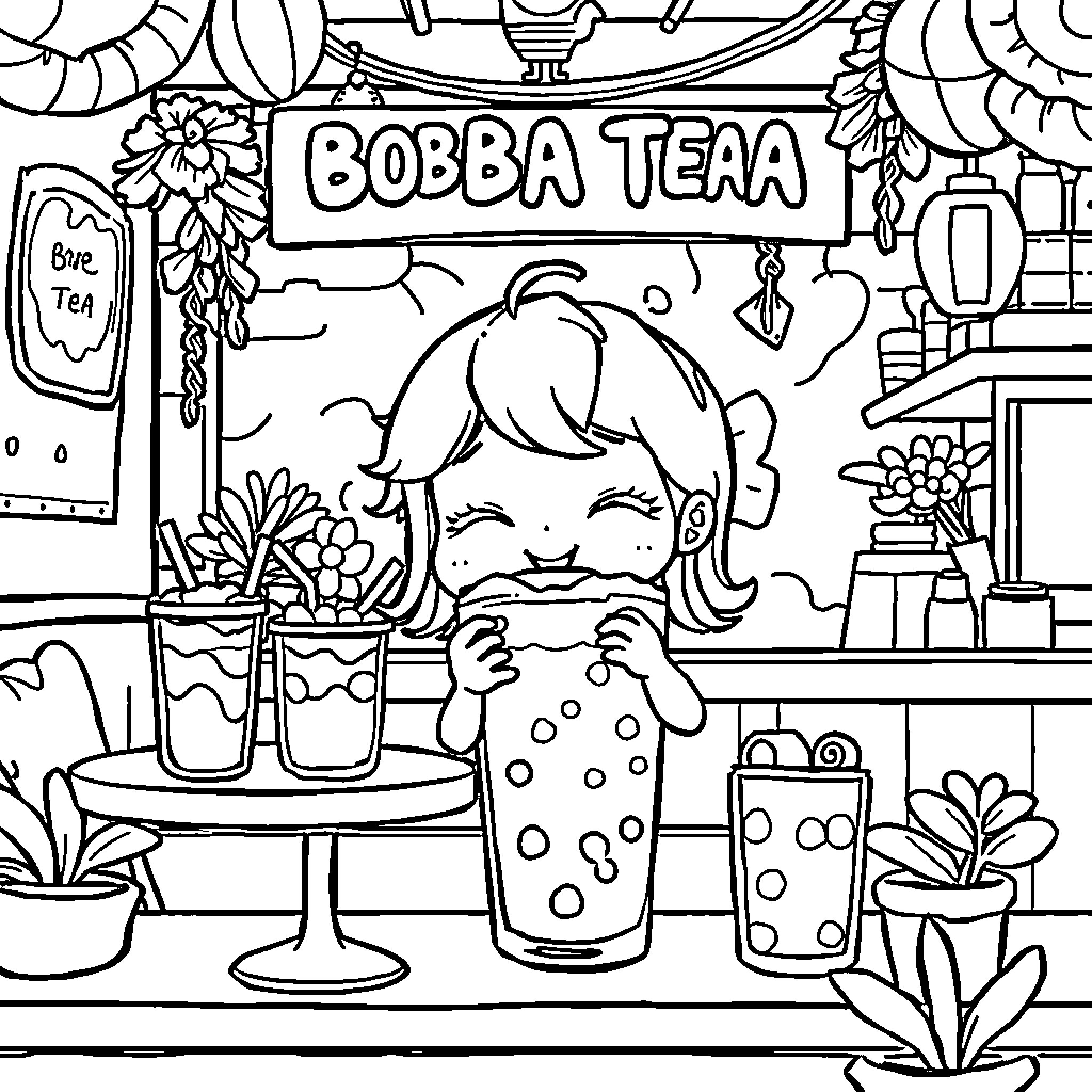 Boba Tea Shop with Smiling Girl Coloring Page (free black-and-white line drawing printable PDF for all, from beginners to advanced learners, including children, teens, adults, and seniors)