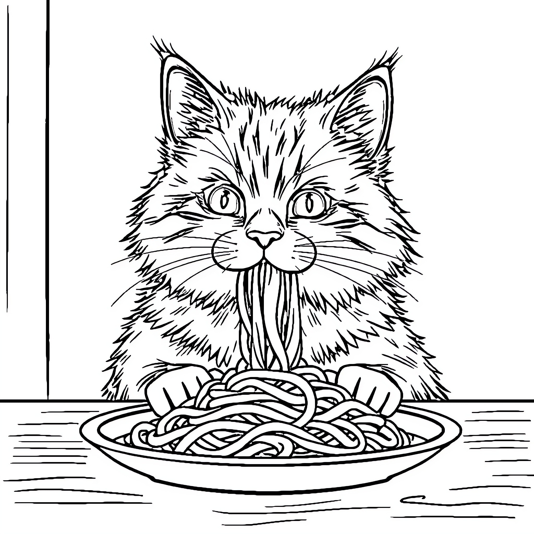 Cat enjoying a bowl of spaghetti Coloring Page (free black-and-white line drawing printable PDF for all, from beginners to advanced learners, including children, teens, adults, and seniors)