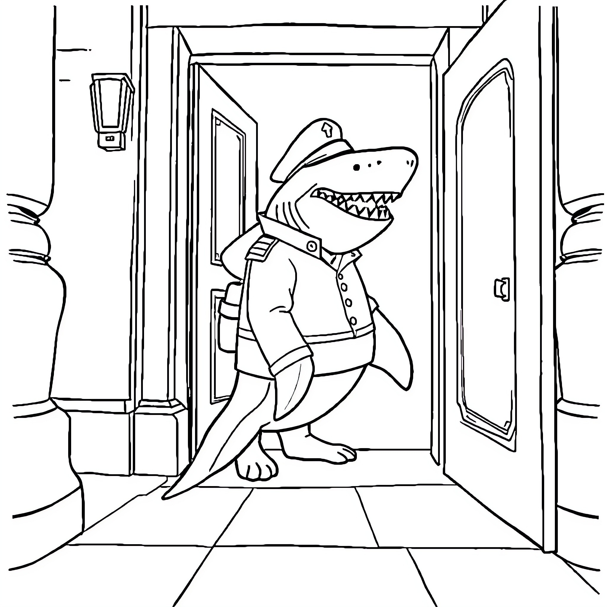 Tiburon doorman guarding the entrance Coloring Page (free black-and-white line drawing printable PDF for all, from beginners to advanced learners, including children, teens, adults, and seniors)