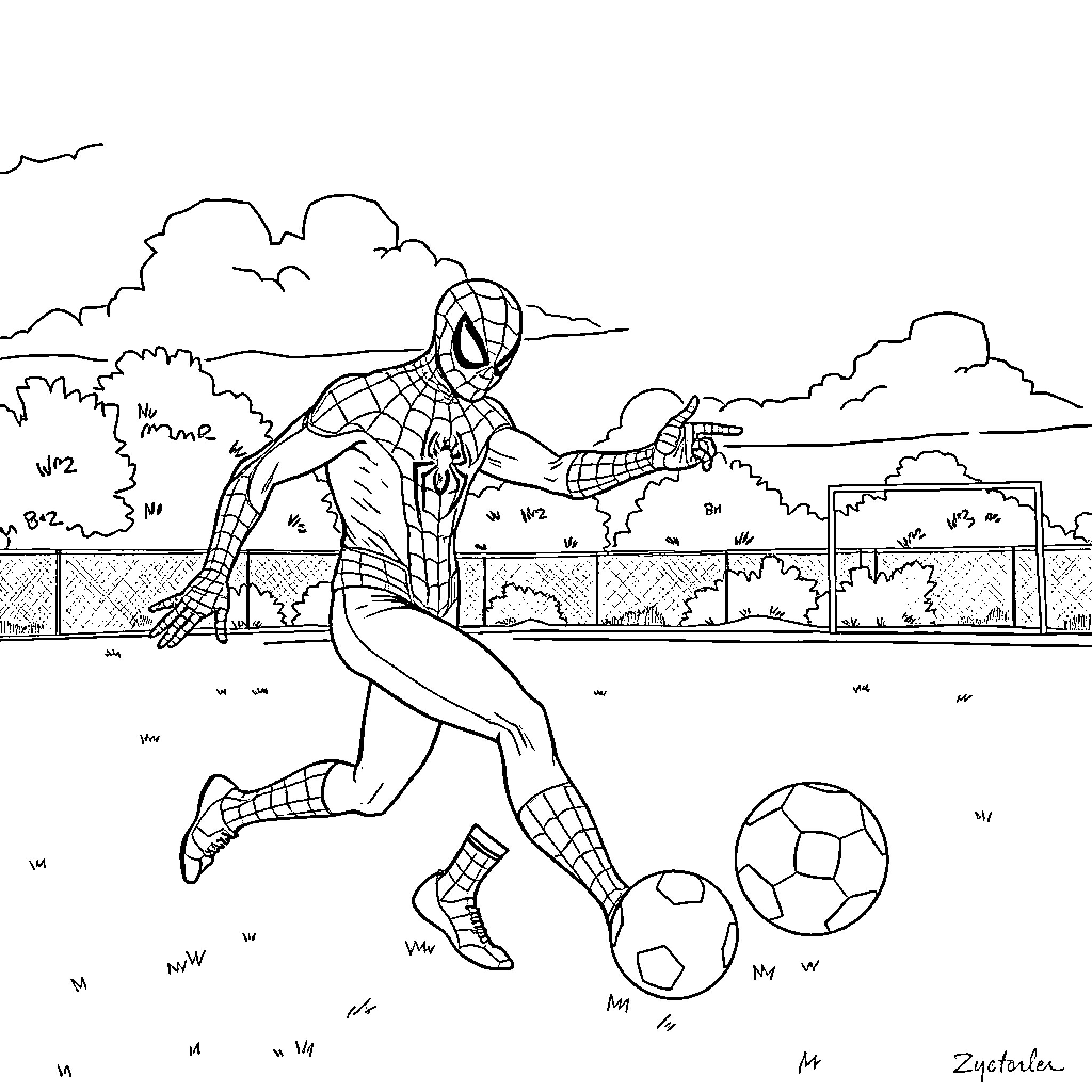 Spider-Man playing soccer in the park Coloring Page (free black-and-white line drawing printable PDF for all, from beginners to advanced learners, including children, teens, adults, and seniors)