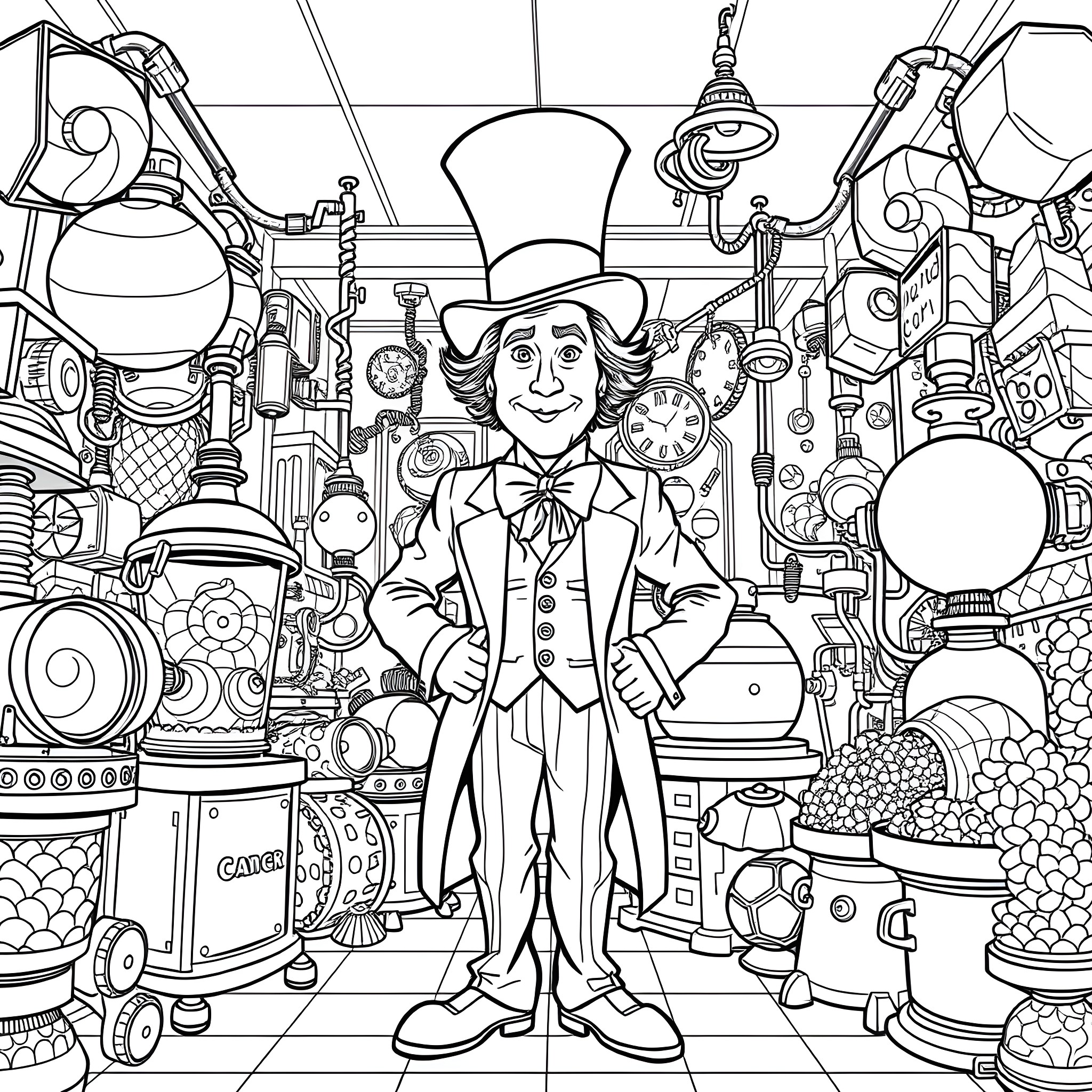 Willy Wonka in his whimsical workshop surrounded by inventions Coloring Page (free black-and-white line drawing printable PDF for all, from beginners to advanced learners, including children, teens, adults, and seniors)